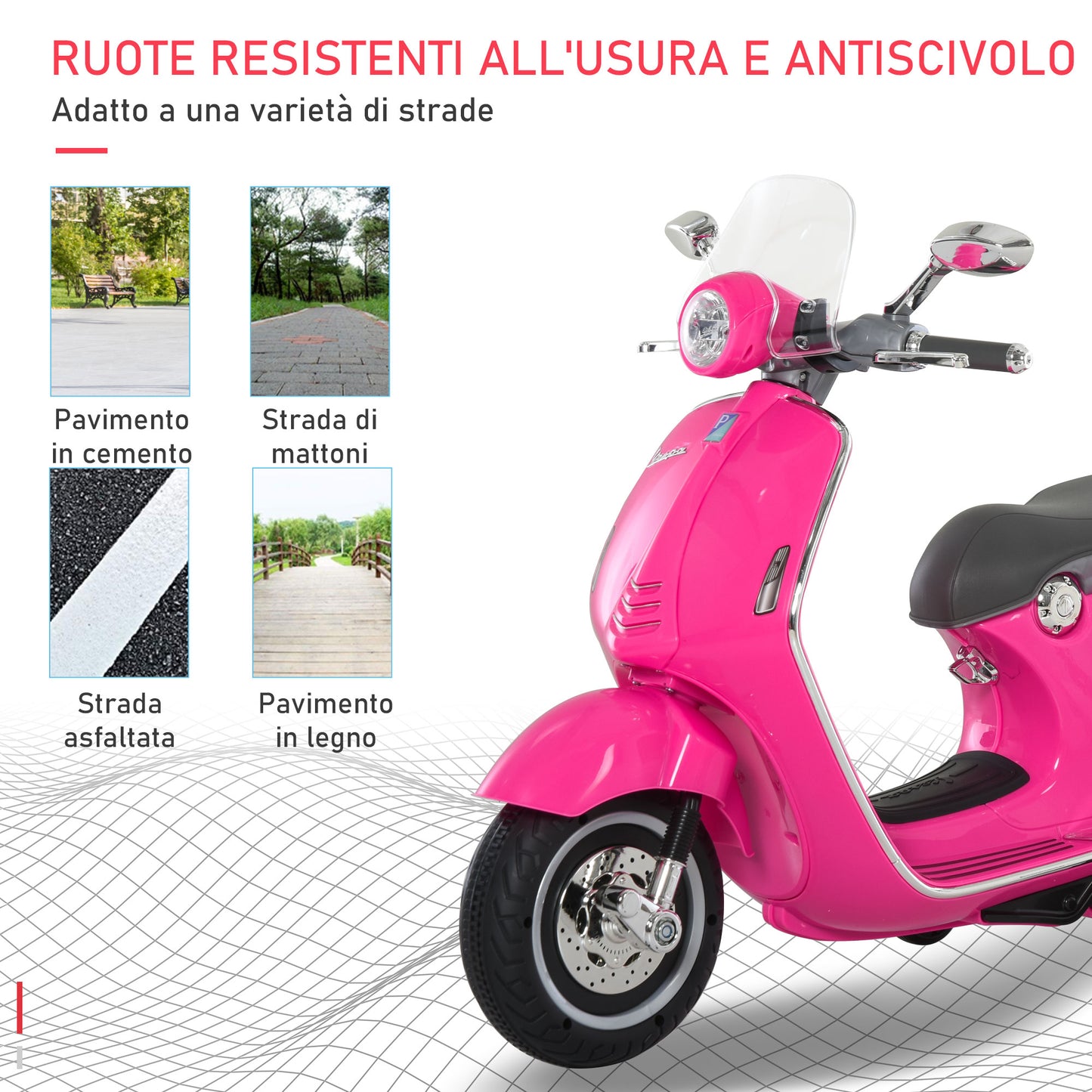 Officially Licensed Vespa Electric Motorcycle for Kids, 2 Wheels, Lights and Sounds, 108x49x75 cm, Pink - Borgè