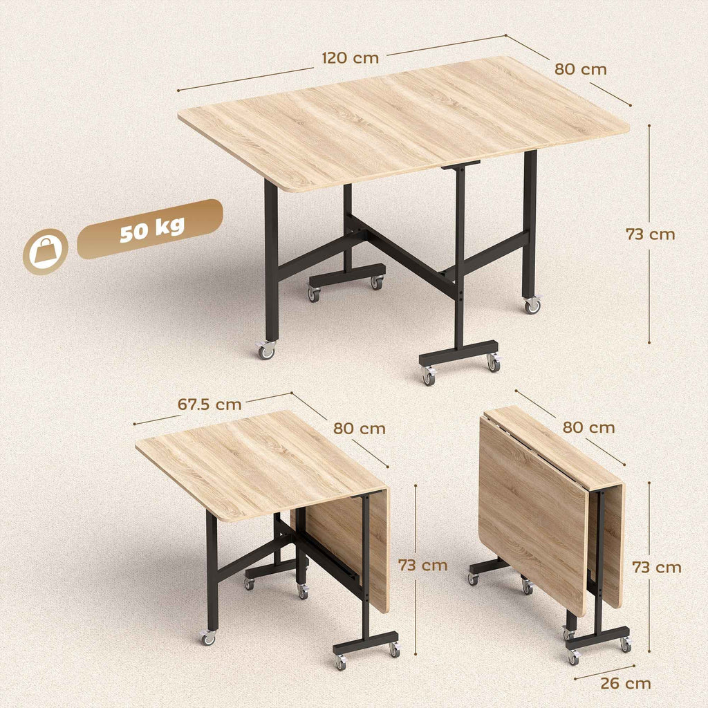 HOMCOM Folding Table for 4-6 People with 2 Drop-Leafs and Wheels with Brakes, 120x80x73 cm, Oak