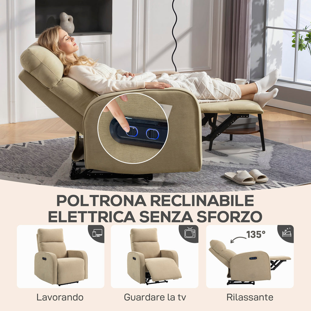 Electric Chenille Recliner Chair with Footrest, Adjustable Headrest and Sockets, 80x93x103 cm, Beige