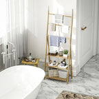 3 Shelf Bathroom Shelf with 3 Bar Towel Rack, Freestanding and Folding in Bamboo Wood