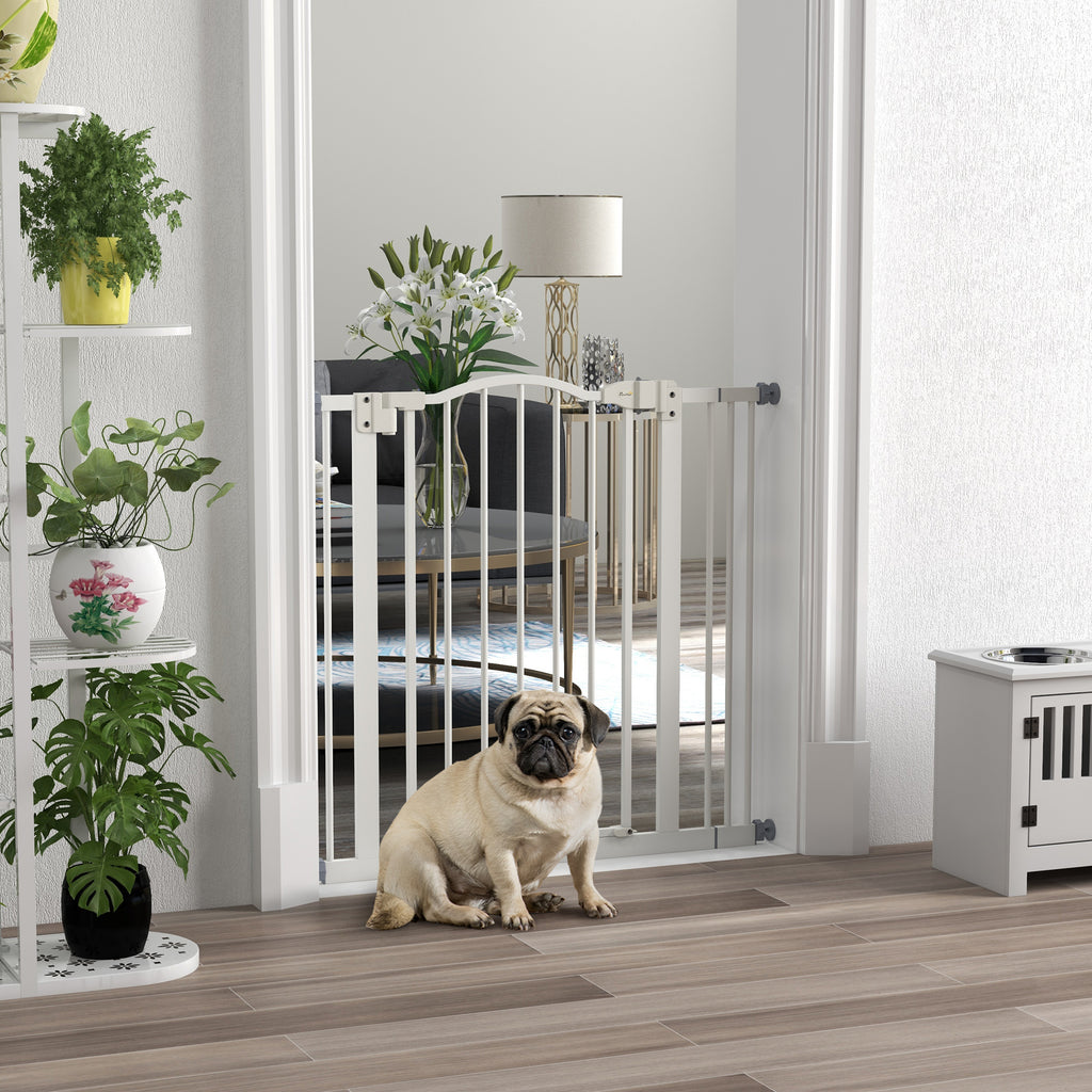 Extendable Dog Gate with 2 Locks and Self-Locking, Metal and Plastic, 74-87x78 cm, White
