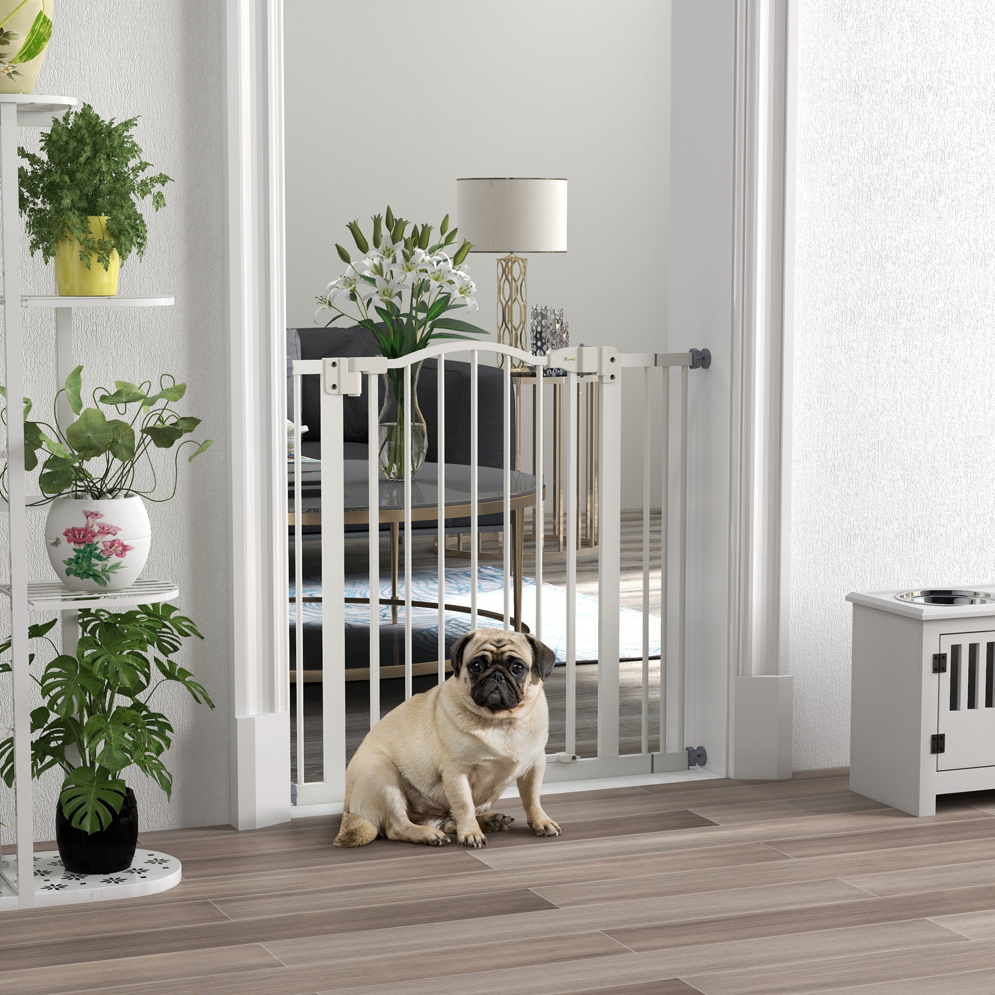Extendable Dog Gate with 2 Locks and Self-Locking, Metal and Plastic, 74-87x78 cm, White