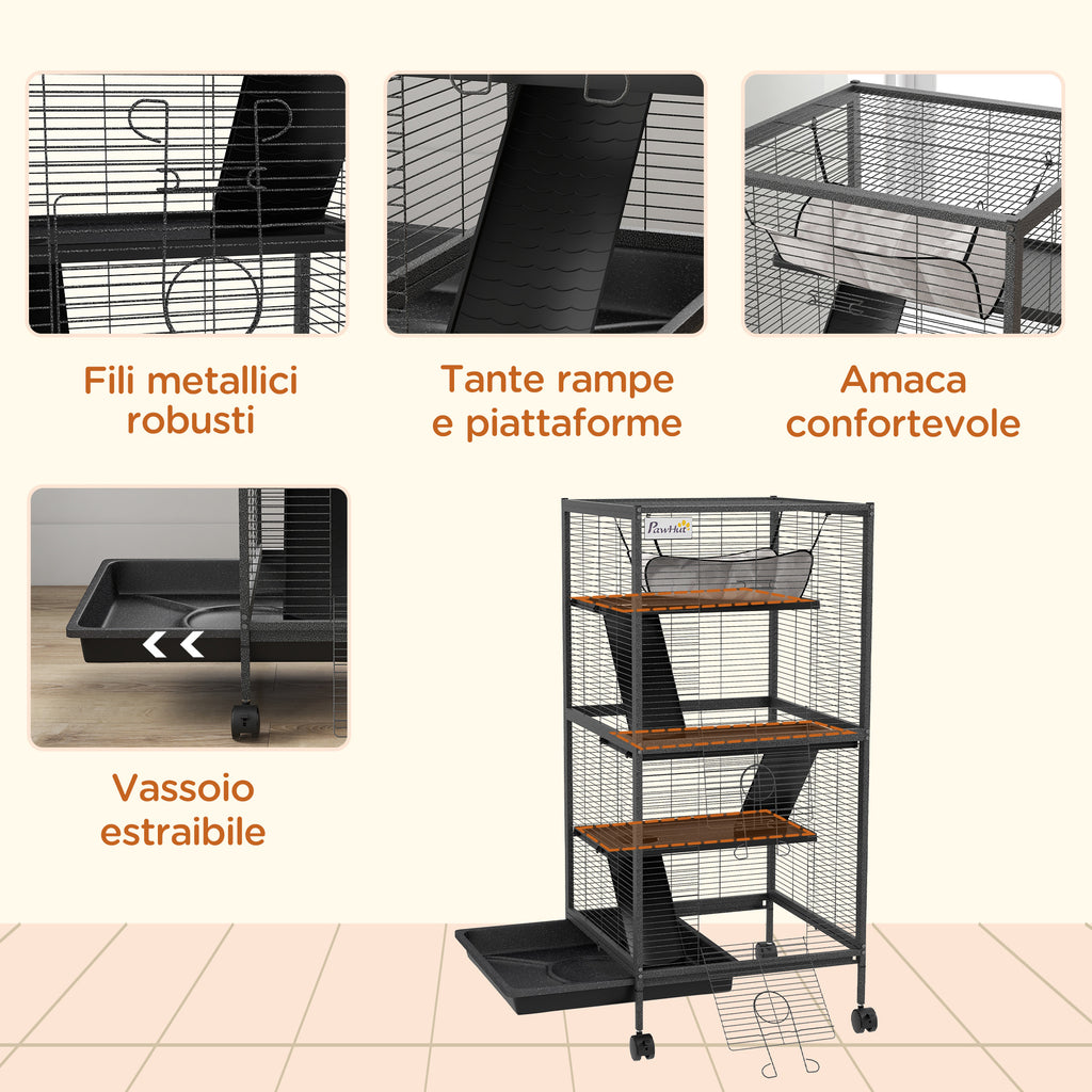 Steel Guinea Pig and Chinchilla Cage with 3 Levels, Wheels and Removable Tray, Grey