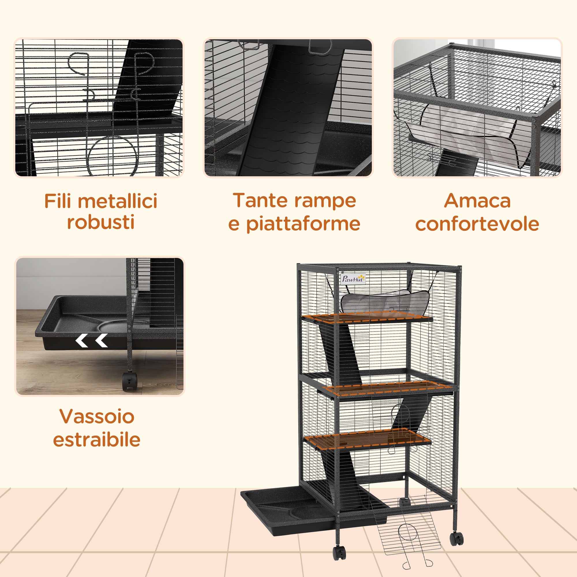 Steel Guinea Pig and Chinchilla Cage with 3 Levels, Wheels and Removable Tray, Grey