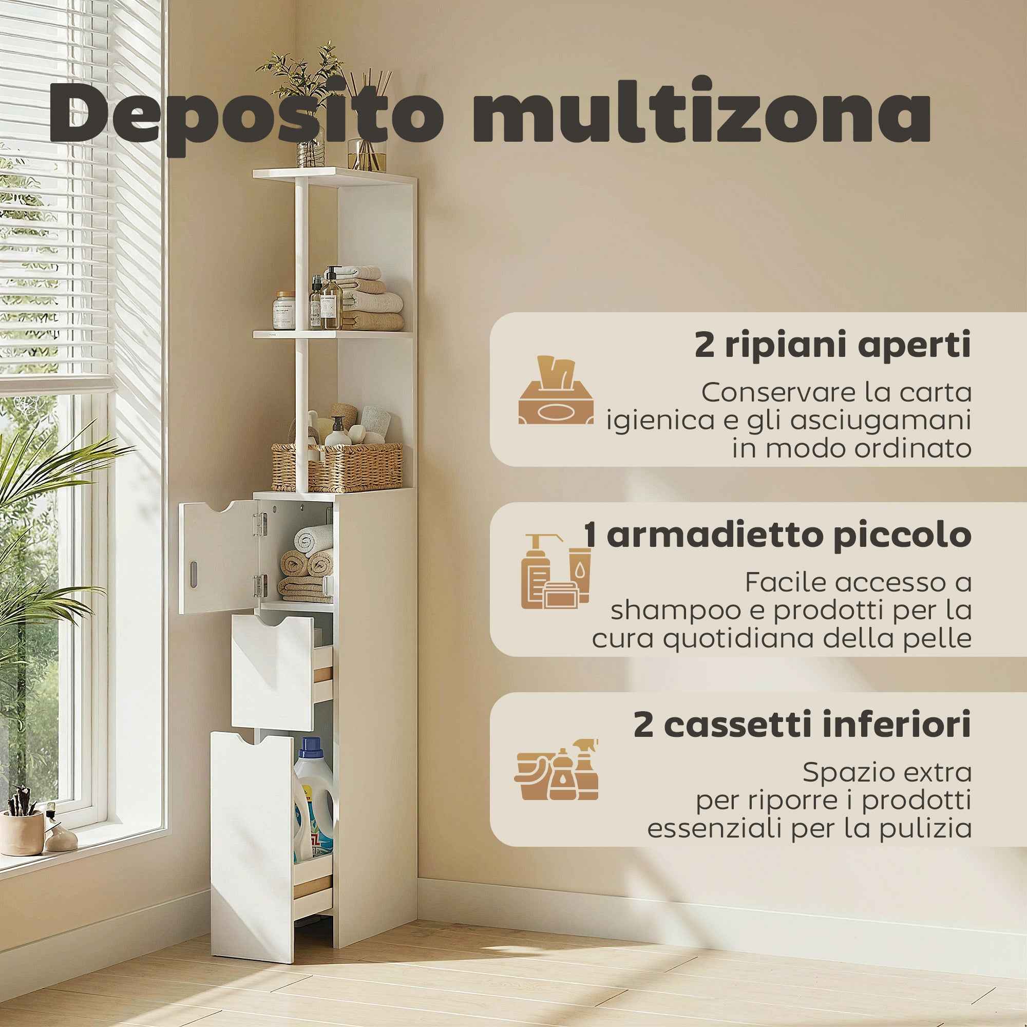 HOMCOM Bathroom Column Cabinet with Shelves and Drawers, Wooden, 15x33x136.8 cm, White