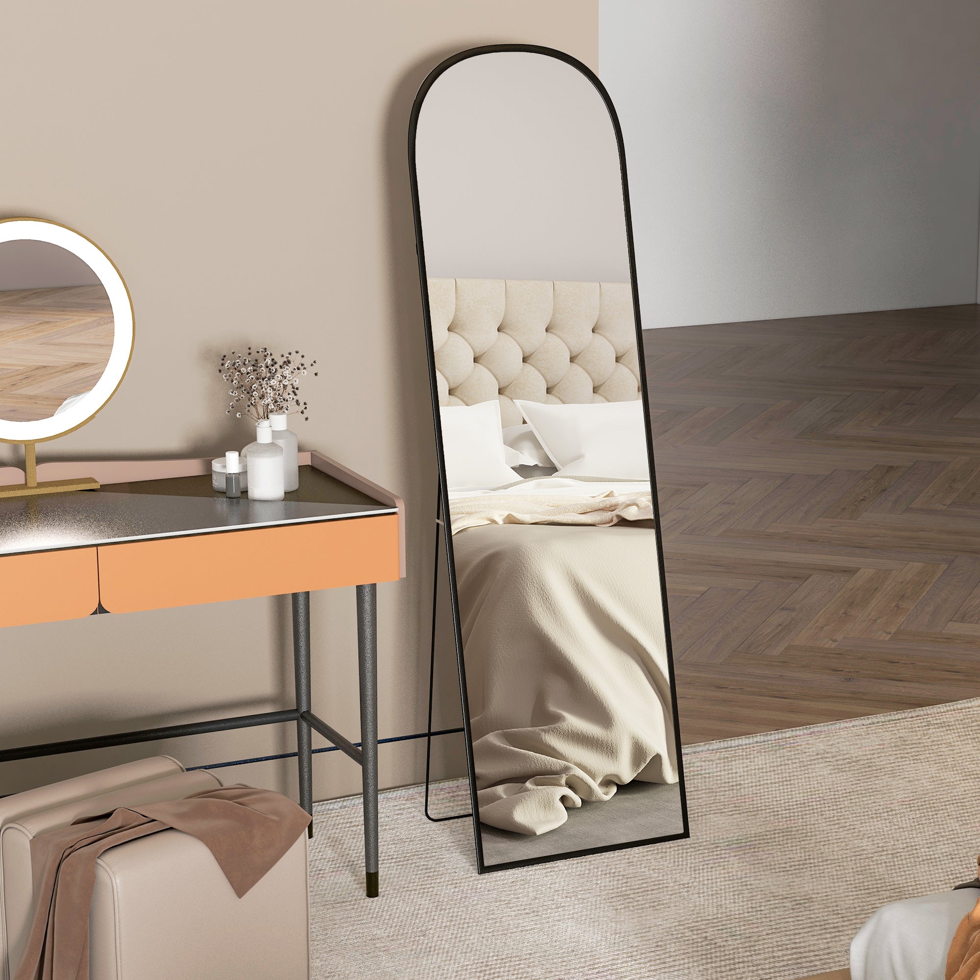 Modern Aluminum Alloy Floor and Wall Mirror with Folding Stand, 50x170 cm, Black