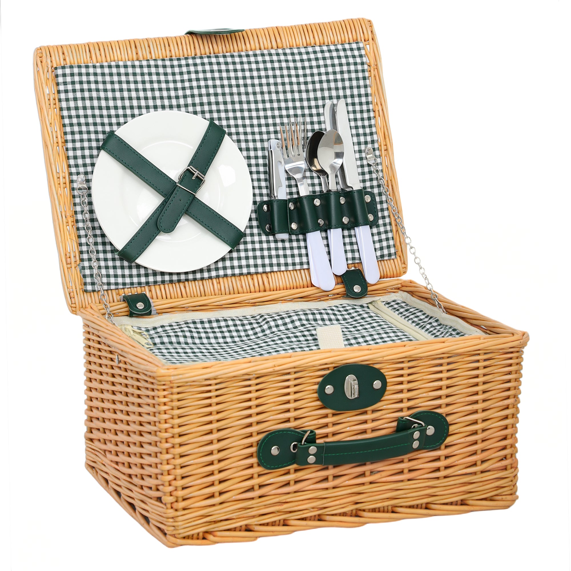 Picnic Basket for 2 People in Wicker with Thermal Area and Corkscrew, 40x30x20 cm, Light Brown