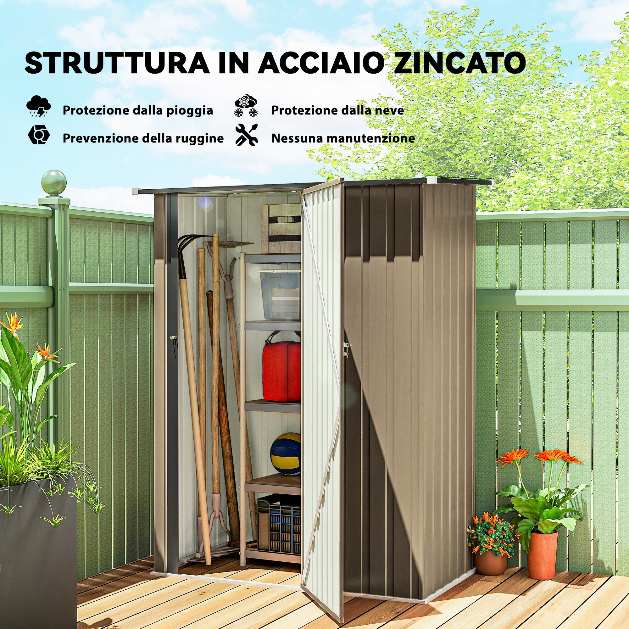 Outsunny Metal Tool Shed with Sloped Roof and Lockable Door, 142x86x189 cm, Brown