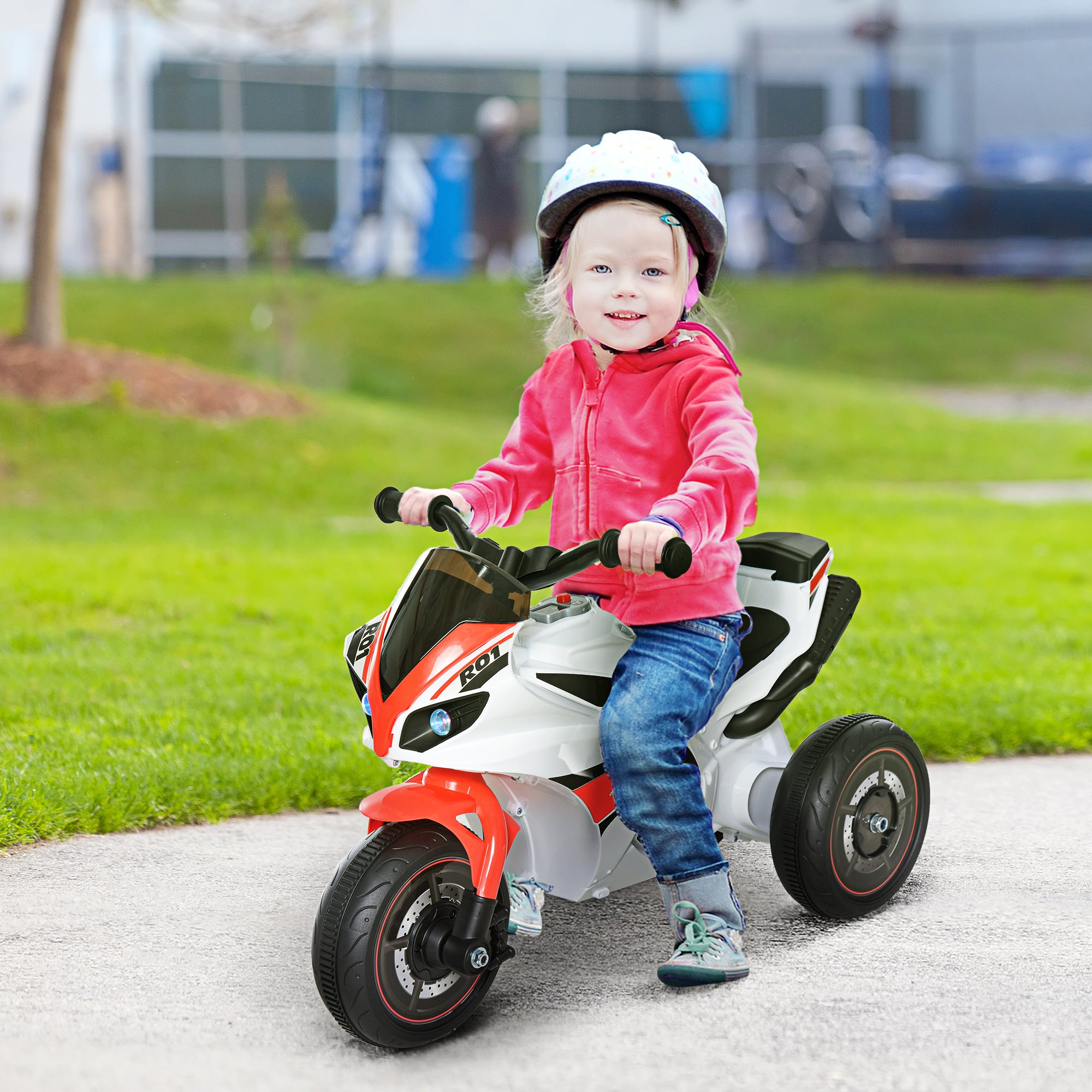 3-Wheeled Ride-On Toy Motorcycle for Kids 18-36 Months, Police Style Ride-On Motorbike with Music and Headlights, No Pedals, Made of PP and Metal, White and Red