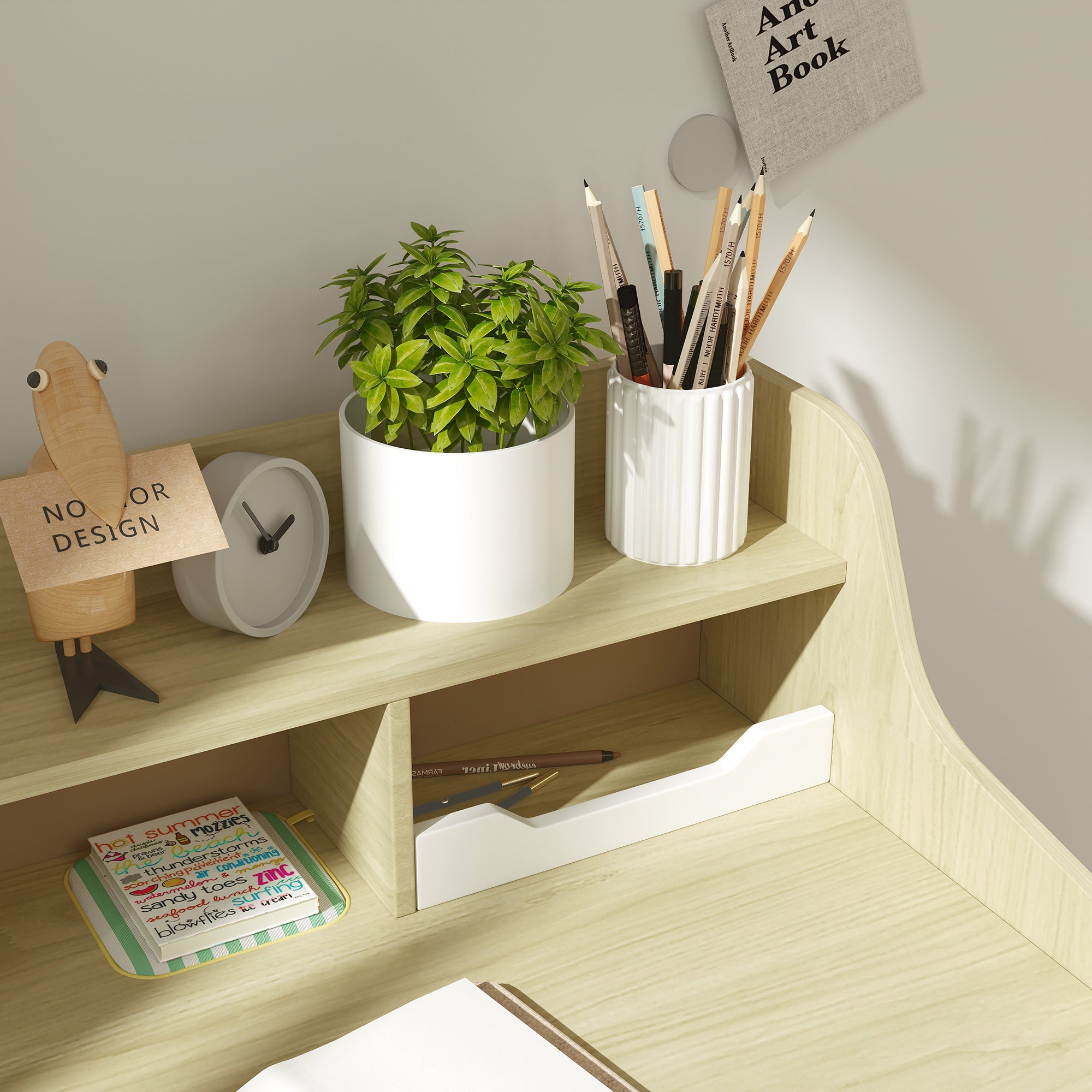 Kids Desk and Chair Set Wooden with Shelf and Drawer, Ages 3-10 Years, White and Wood