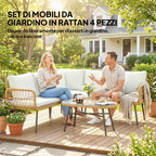Outsunny 4-Piece Garden Lounge Set with 2 Two-Seater Sofas, Corner Sofa and Coffee Table, Steel and Rattan, Wood and Cream