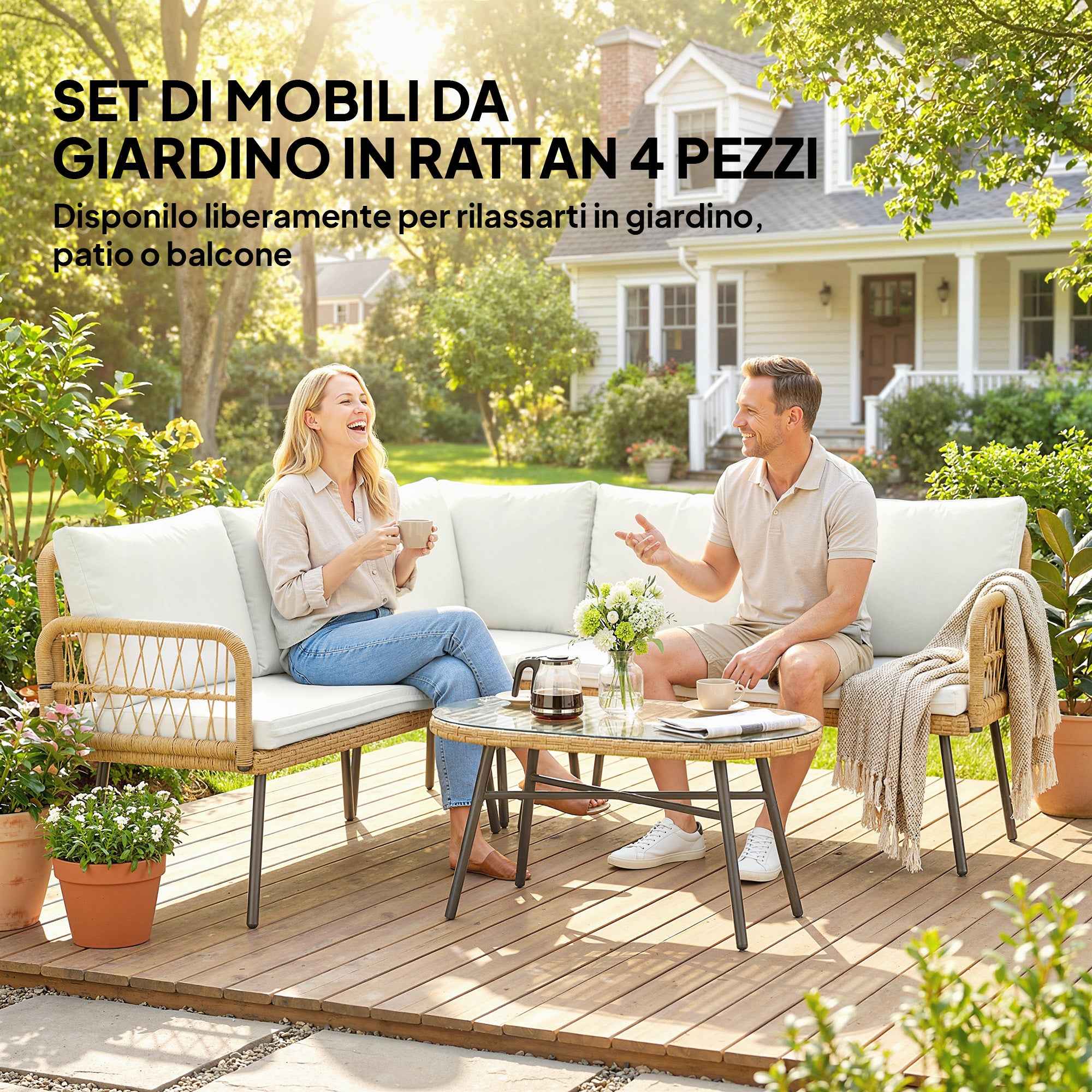 Outsunny 4-Piece Garden Lounge Set with 2 Two-Seater Sofas, Corner Sofa and Coffee Table, Steel and Rattan, Wood and Cream