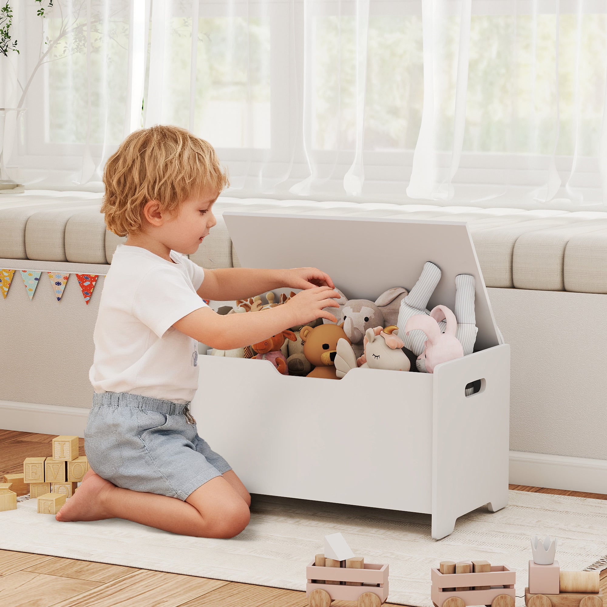 Bear-Shaped Wooden Toy Storage Chest with 20kg Capacity, 60x38x48cm, White