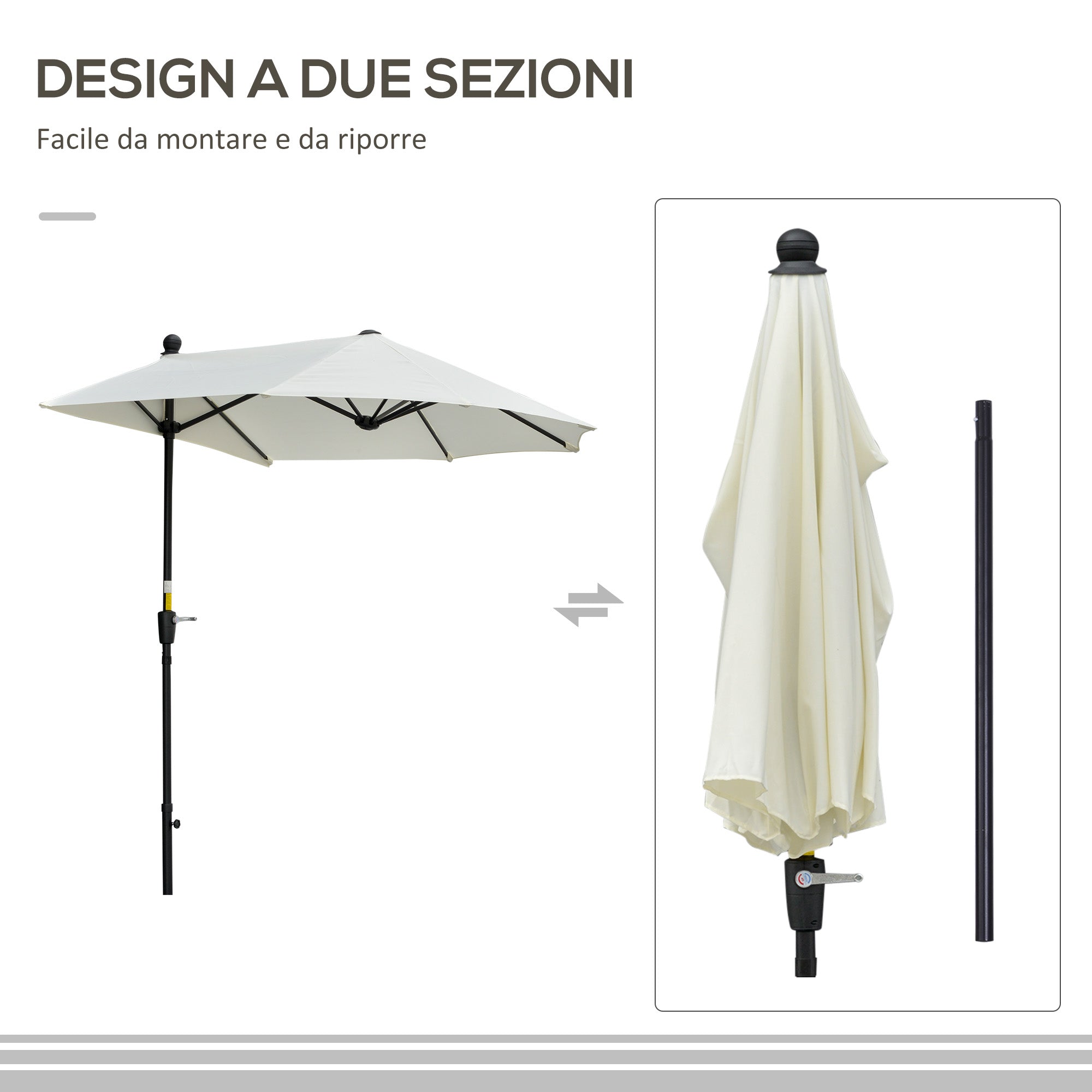 Semicircular Umbrella with Crank and Anti-UV Canopy, 200x190x240 cm, Cream