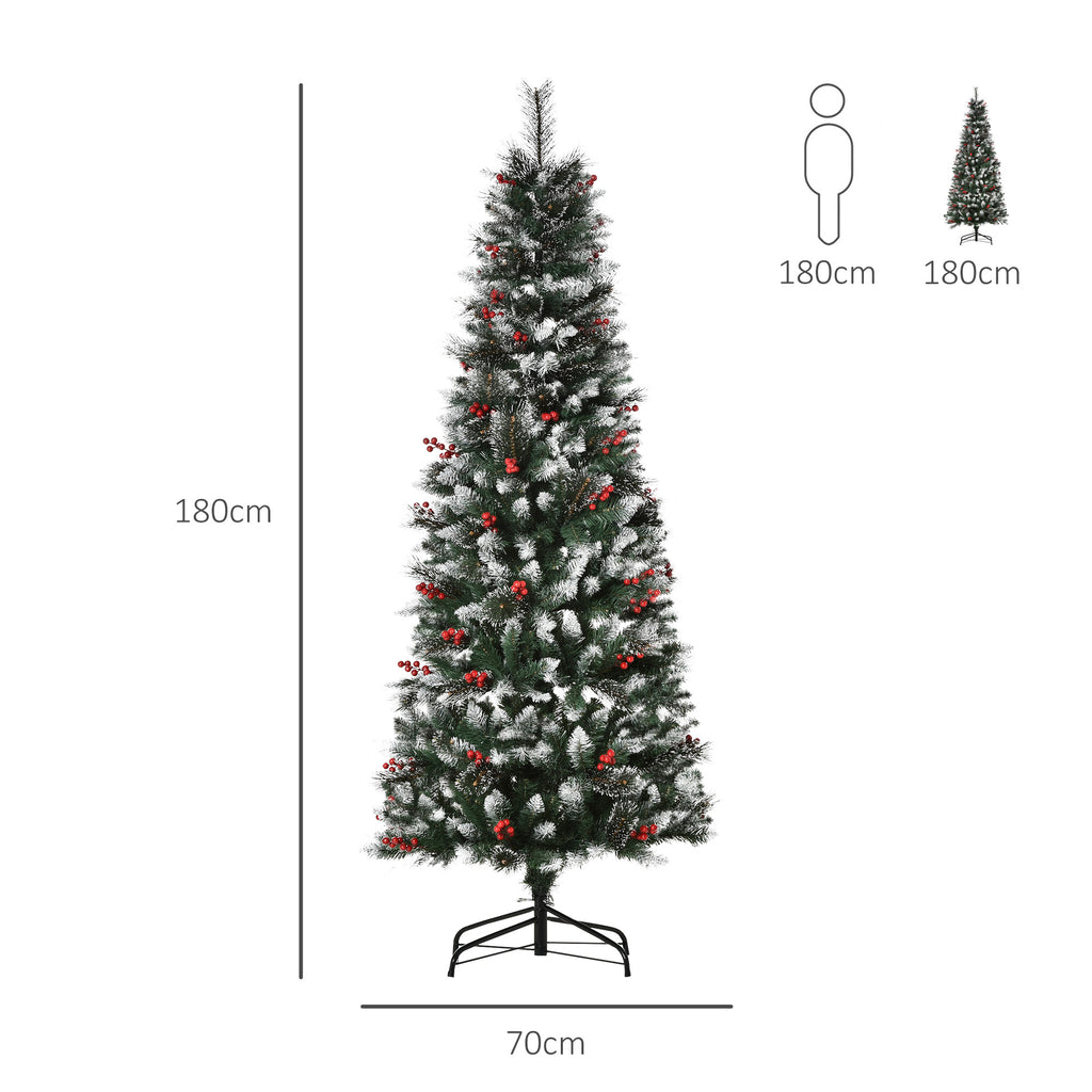 Snowy Christmas Tree with Red Berries, Removable and Foldable Base, 539 Branches, Φ70x180cm, Green
