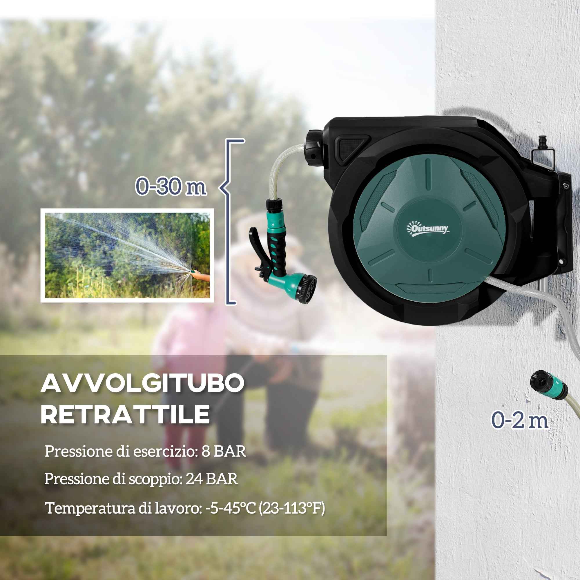 Outsunny Retractable Garden Hose Reel with 30m+2m Water Hose, Wall Mount & Handle, Swivel, 7 Modes, Black