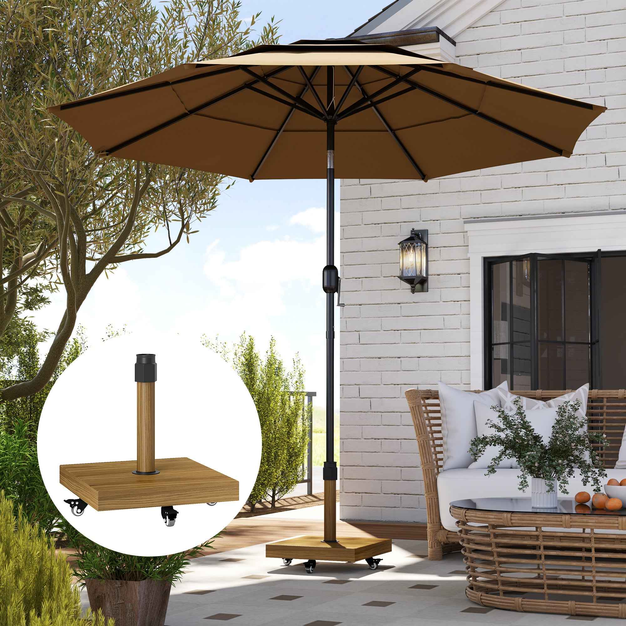 Outsunny Wheeled Umbrella Base with Brakes for Ø36/38/48 mm Poles, in Metal with Cement, Wood Effect