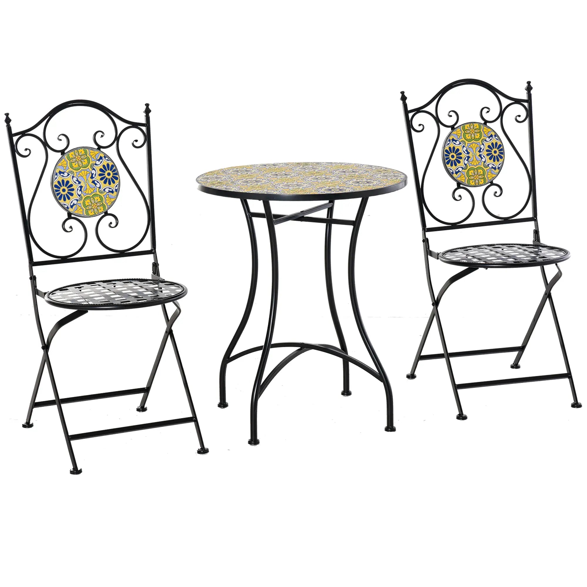 MAIOLICA | Mosaic 3 Piece Balcony Table and Chair Set, Folding Metal Garden Set with Colorful Majolica, Multicolor - Borge' Group Limited