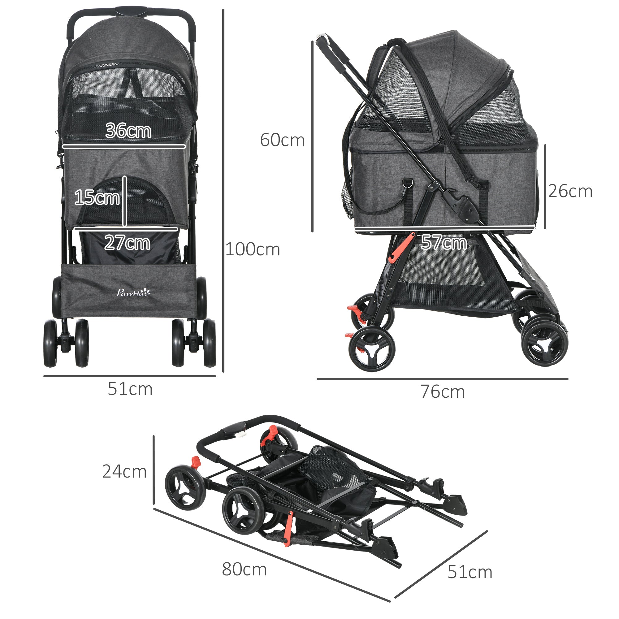 PawHut 3 in 1 Dog Stroller Convertible into Bag and Carrier with Leash and Cushion, Gray - Borgè