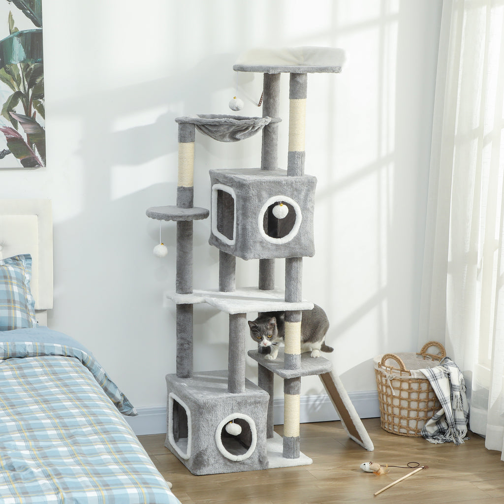 Cat Tree with 2 Cat Houses, Ramp, Perches and 4 Balls, 48x40x165 cm, Grey and White
