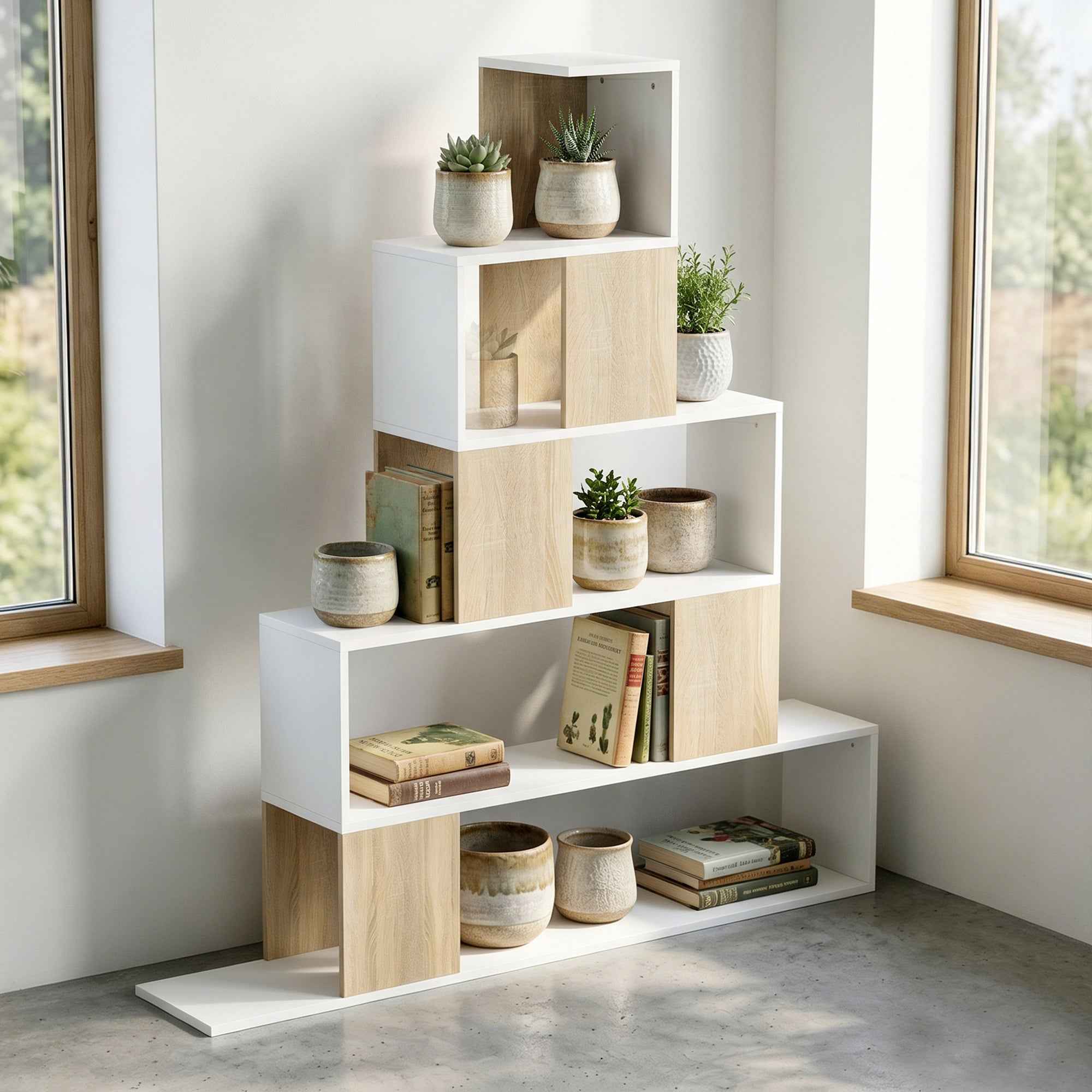 HOMCOM Modern 5-Tier Bookcase with Step Design, 120x22x131.5 cm, White and Wood