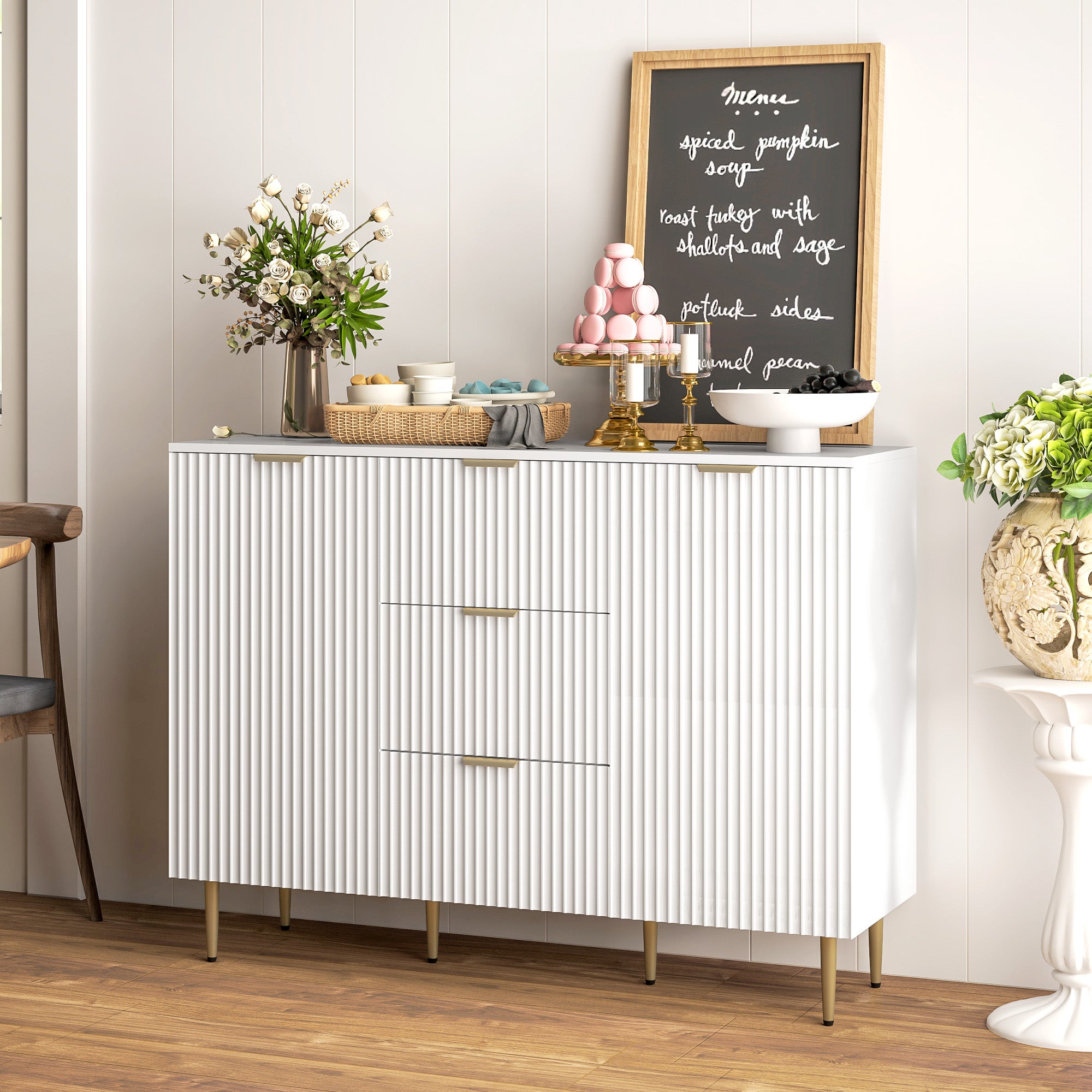 Modern Sideboard with 3 Drawers, 2 Cabinets and Adjustable Shelves, Wood and Metal, White