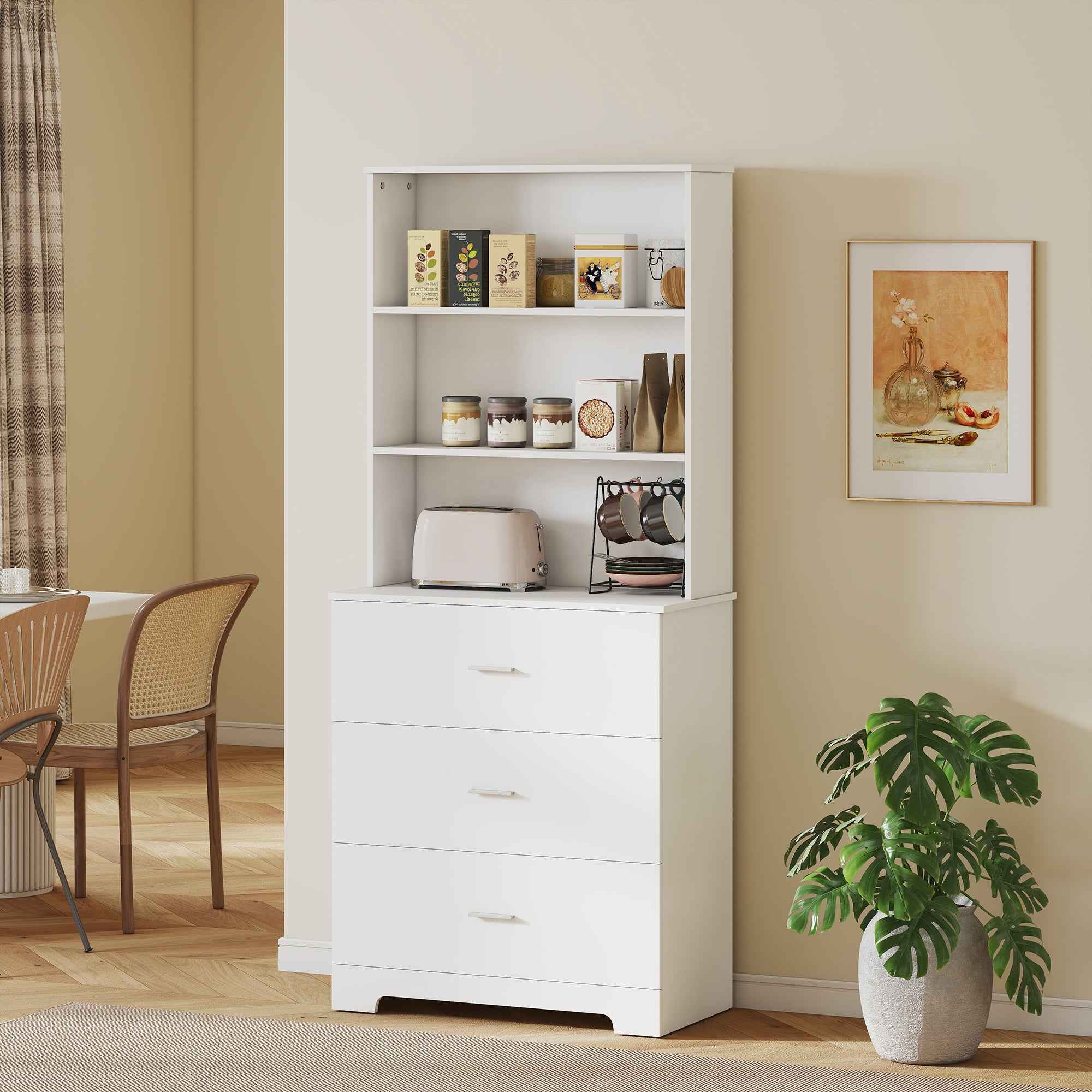 HOMCOM Wall-Mounted Bookcase with 3 Open Shelves and 3 Drawers, Wooden, 79x39.5x182.2 cm, White