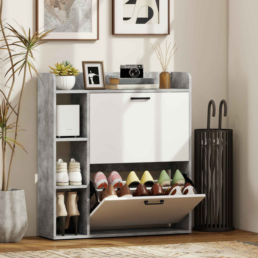 HOMCOM Slim Shoe Rack with 2 Tilting Drawers and 3 Open Compartments, Capacity 15 Shoes, 83x24x90.5 cm, Grey