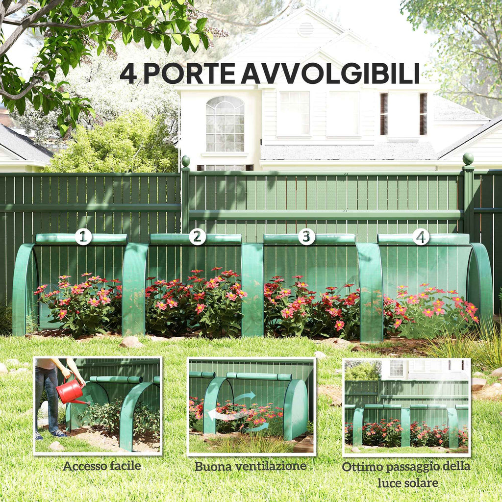 Outsunny Waterproof Anti-UV Steel and Plastic Tunnel Greenhouse with 4 Doors, 395x100x80 cm, Green