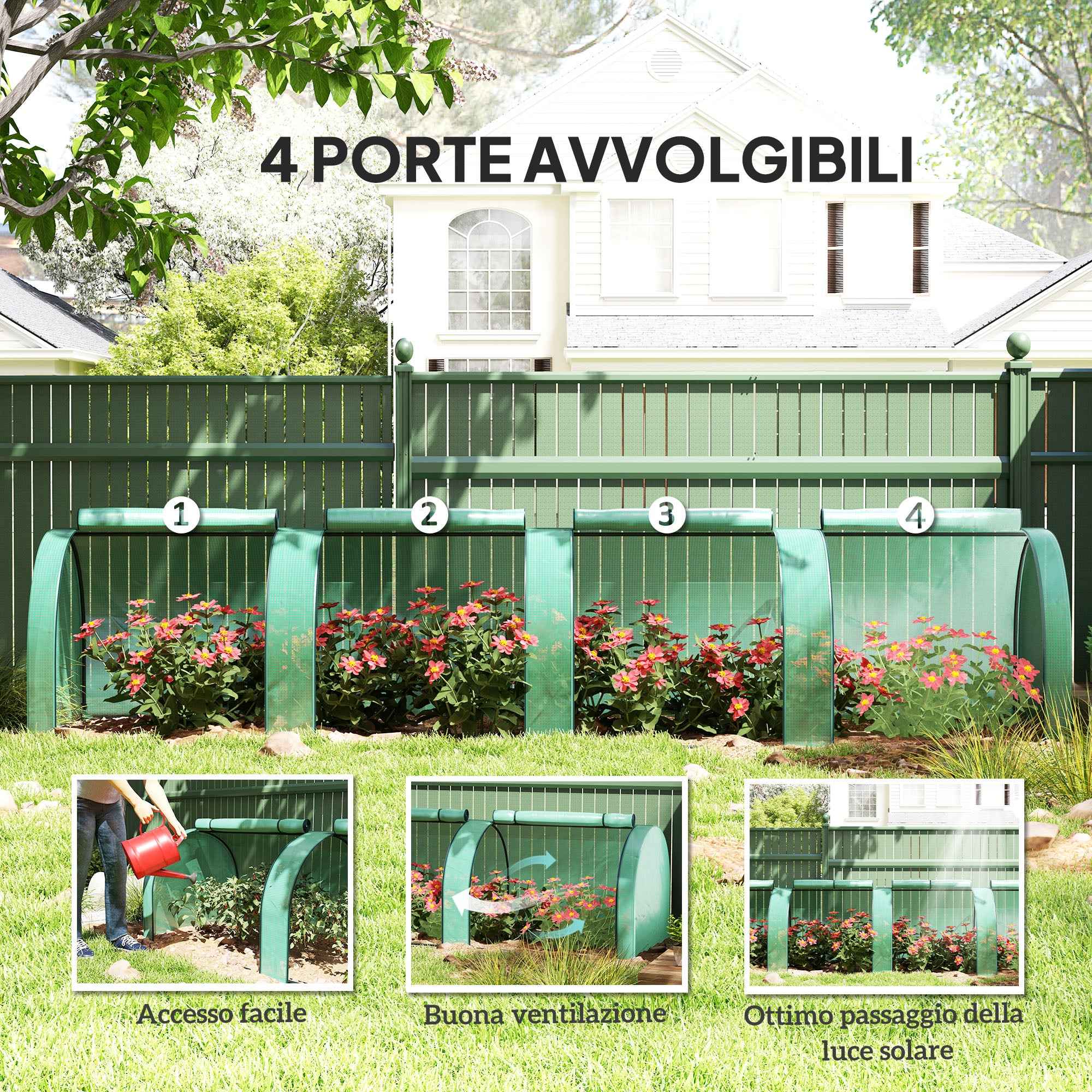 Outsunny Waterproof Anti-UV Steel and Plastic Tunnel Greenhouse with 4 Doors, 395x100x80 cm, Green