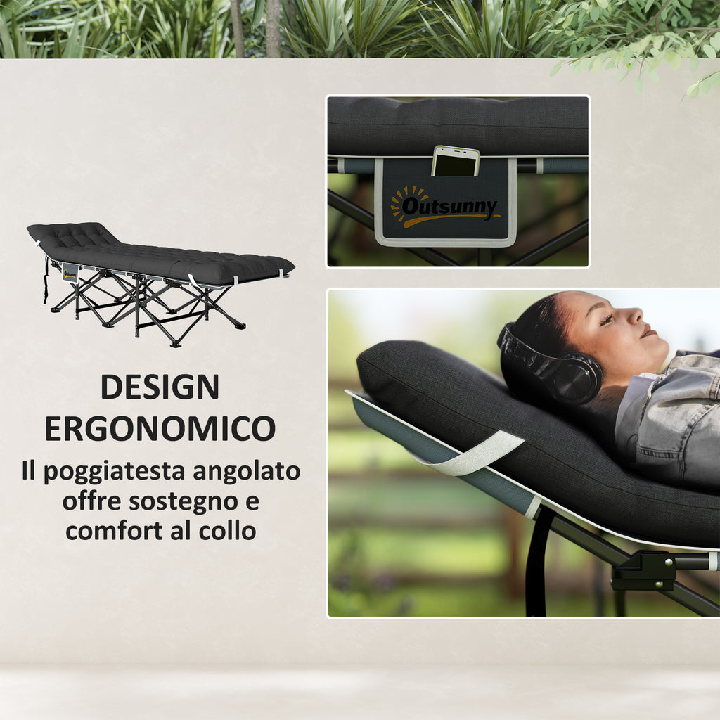 Folding Camping Cot with Inclined Headrest and Removable Mattress, 196x68x37 cm, Black