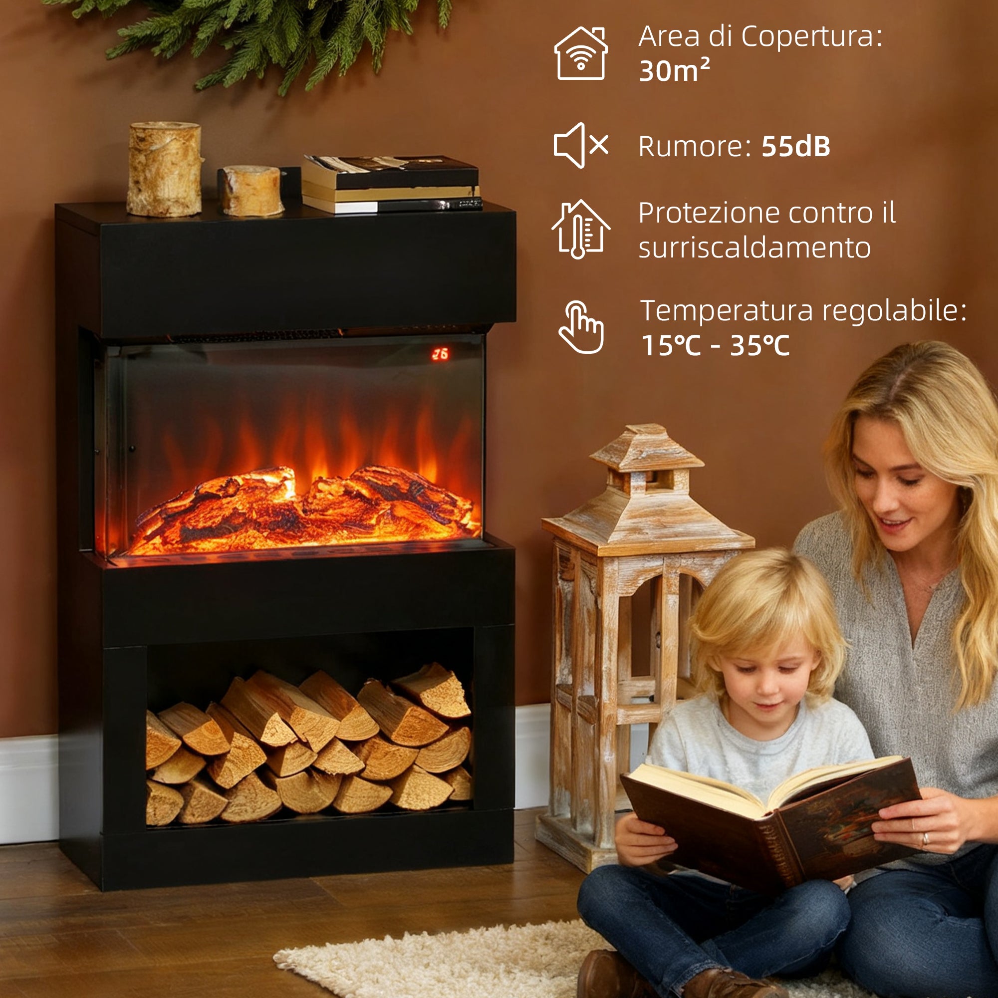 Electric Fireplace with 3D Colorful Flame Effect, 1000W/2000W with Adjustable Temperature and Remote Control, Black