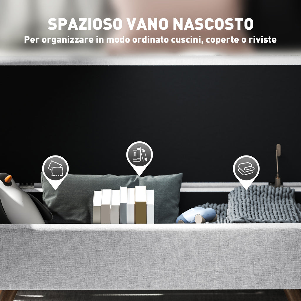 Bedside Storage Bench with Fabric Armrests, Wooden Legs and 53.8L Compartment, 132x42x50 cm, Grey