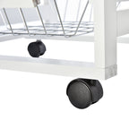 Space-Saving Kitchen Island Cart in Pine Wood, Food Cart with 4 Wheels, Drawer, 3 Pull-Out Baskets, Fruit Bowl, White