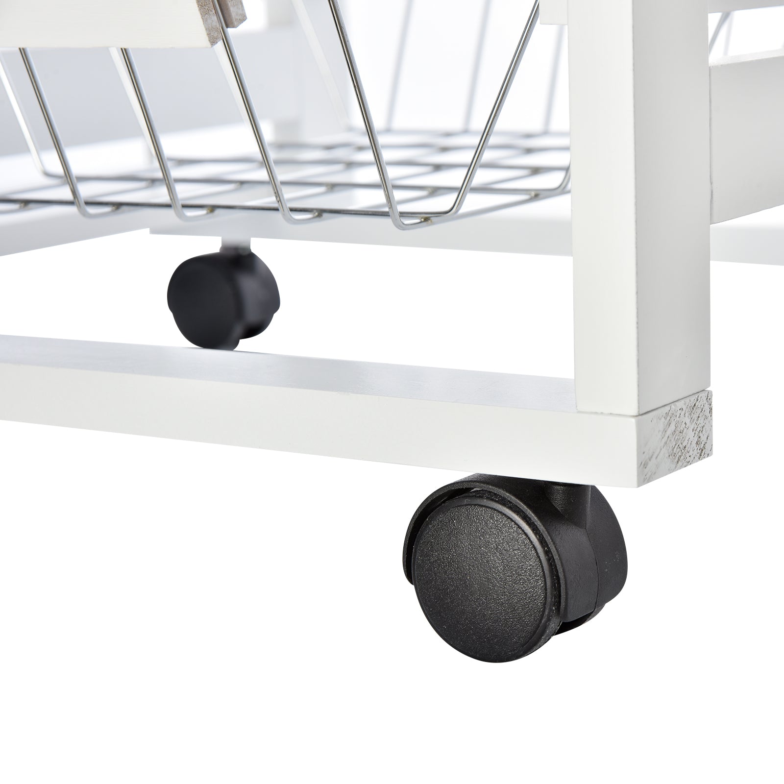 Space-Saving Kitchen Island Cart in Pine Wood, Food Cart with 4 Wheels, Drawer, 3 Pull-Out Baskets, Fruit Bowl, White