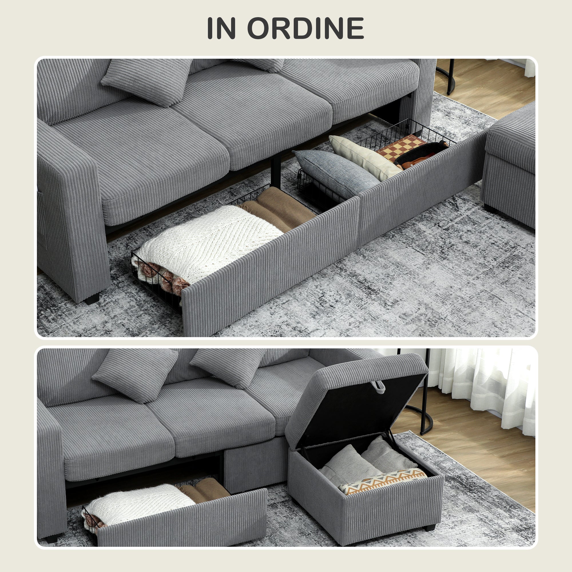3-Seater Modular Sofa with Storage Pouf in Corduroy, 196x139x85 cm, Light Grey
