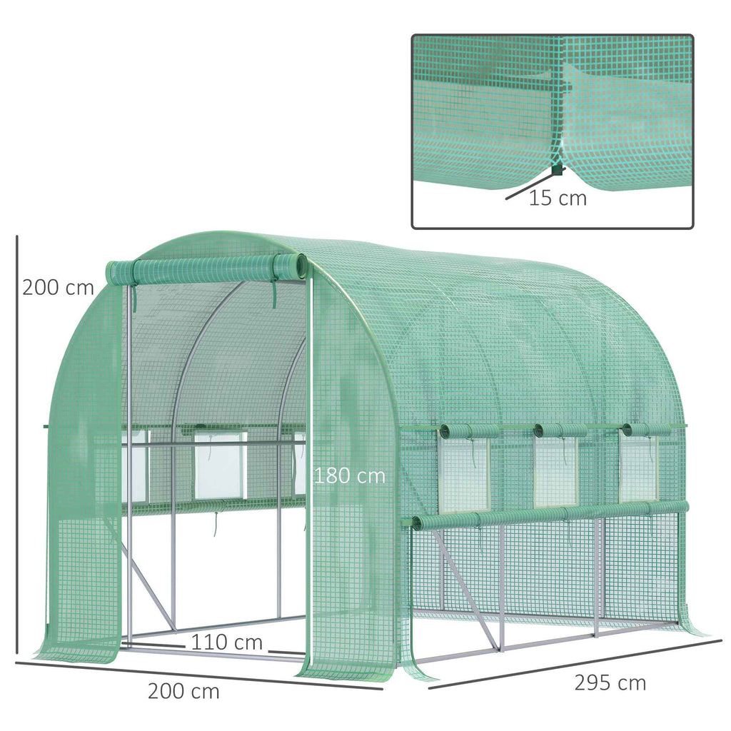 Outsunny 3x2x2m Steel Vegetable Garden Greenhouse with PE Cover, Zip Doors and Mesh Windows, Green