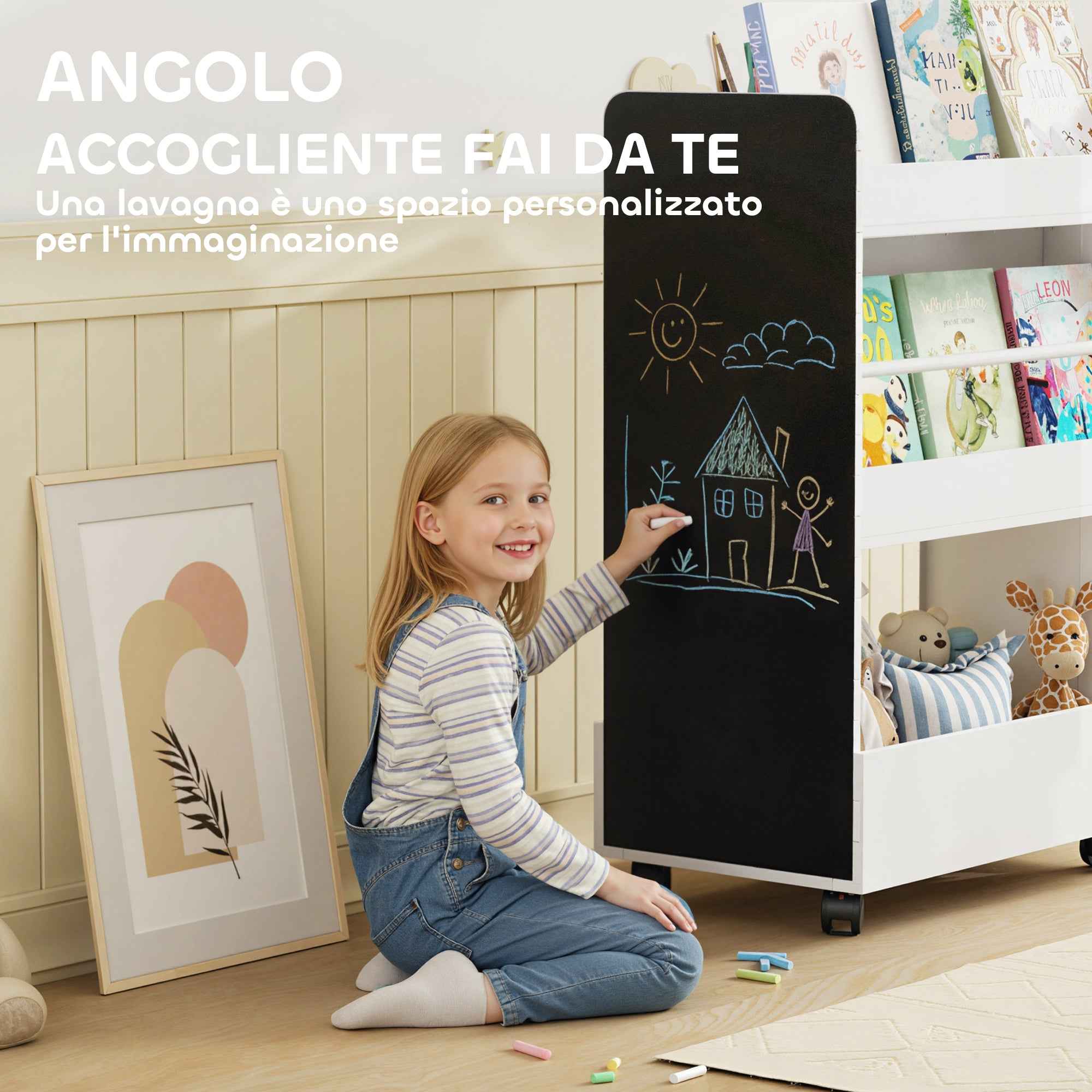 AIYAPLAY Double-Sided Bookcase for Children Ages 3-8, Toy Storage Rack with Wheels and Blackboard, White