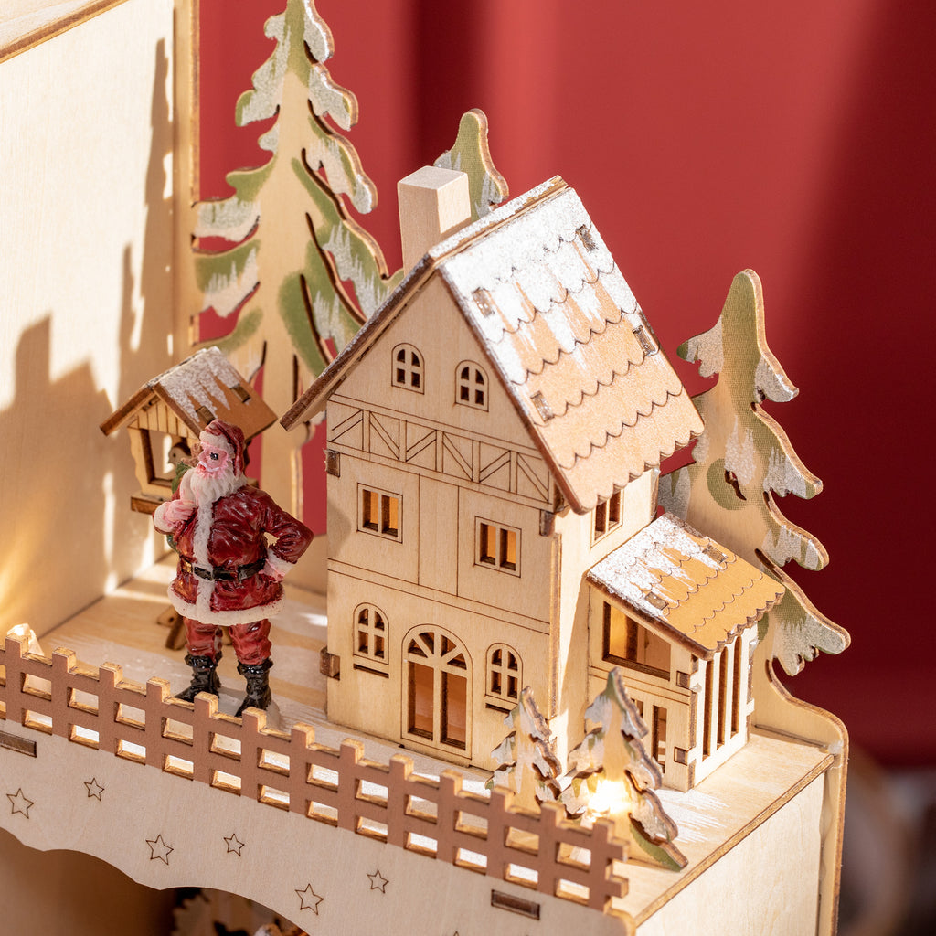 Rectangular Christmas Advent Calendar with Themed Patterns and 12 LED Lights, 22x9x30 cm, Plywood, Orange