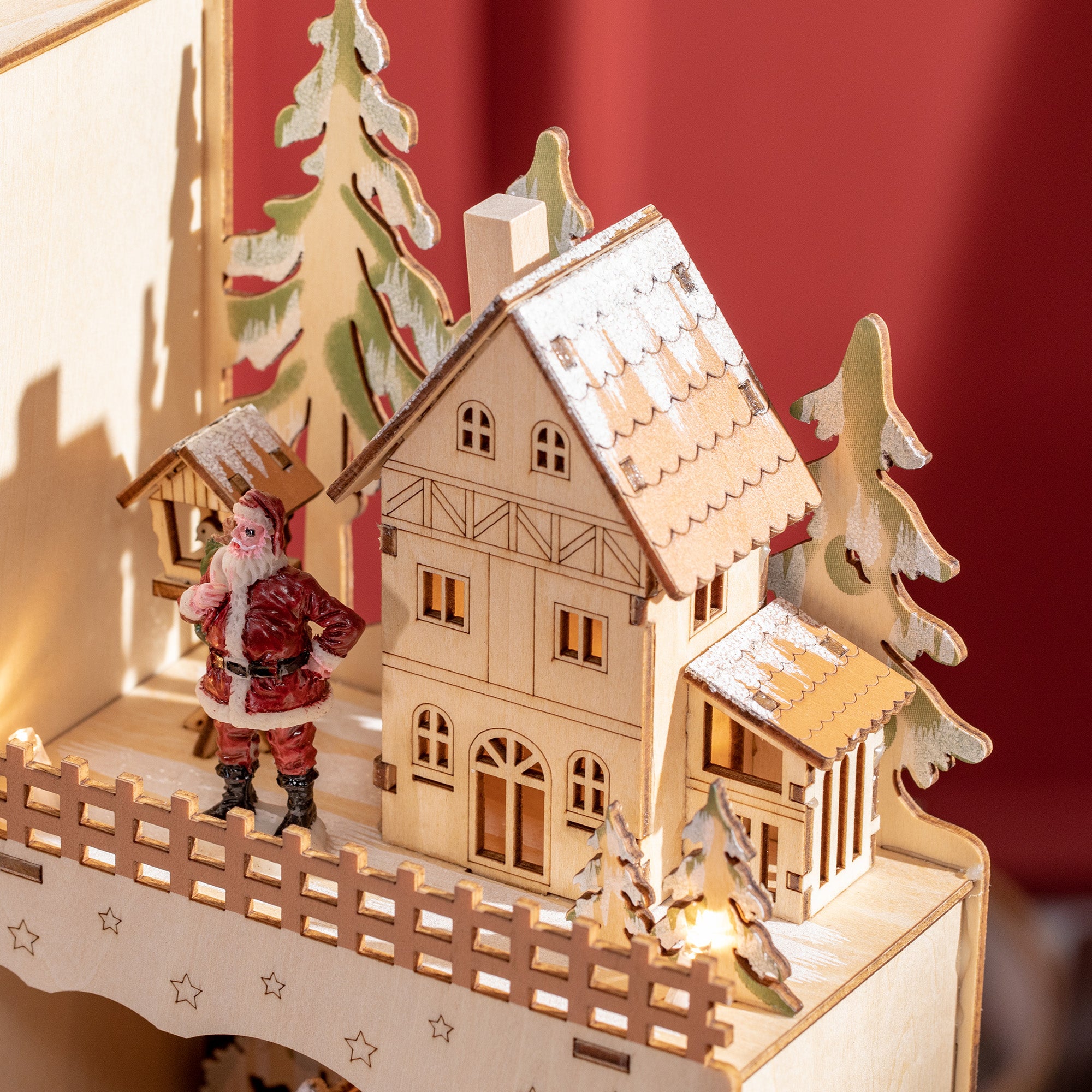 Rectangular Christmas Advent Calendar with Themed Patterns and 12 LED Lights, 22x9x30 cm, Plywood, Orange
