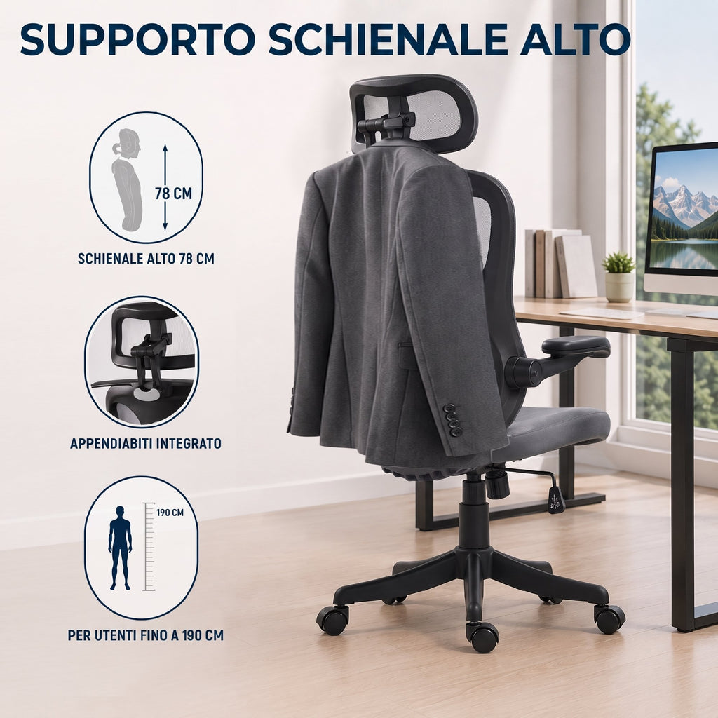 HOMCOM Ergonomic Office Chair with Flip-Up Armrests, Headrest, and Coat Rack, Dark Grey