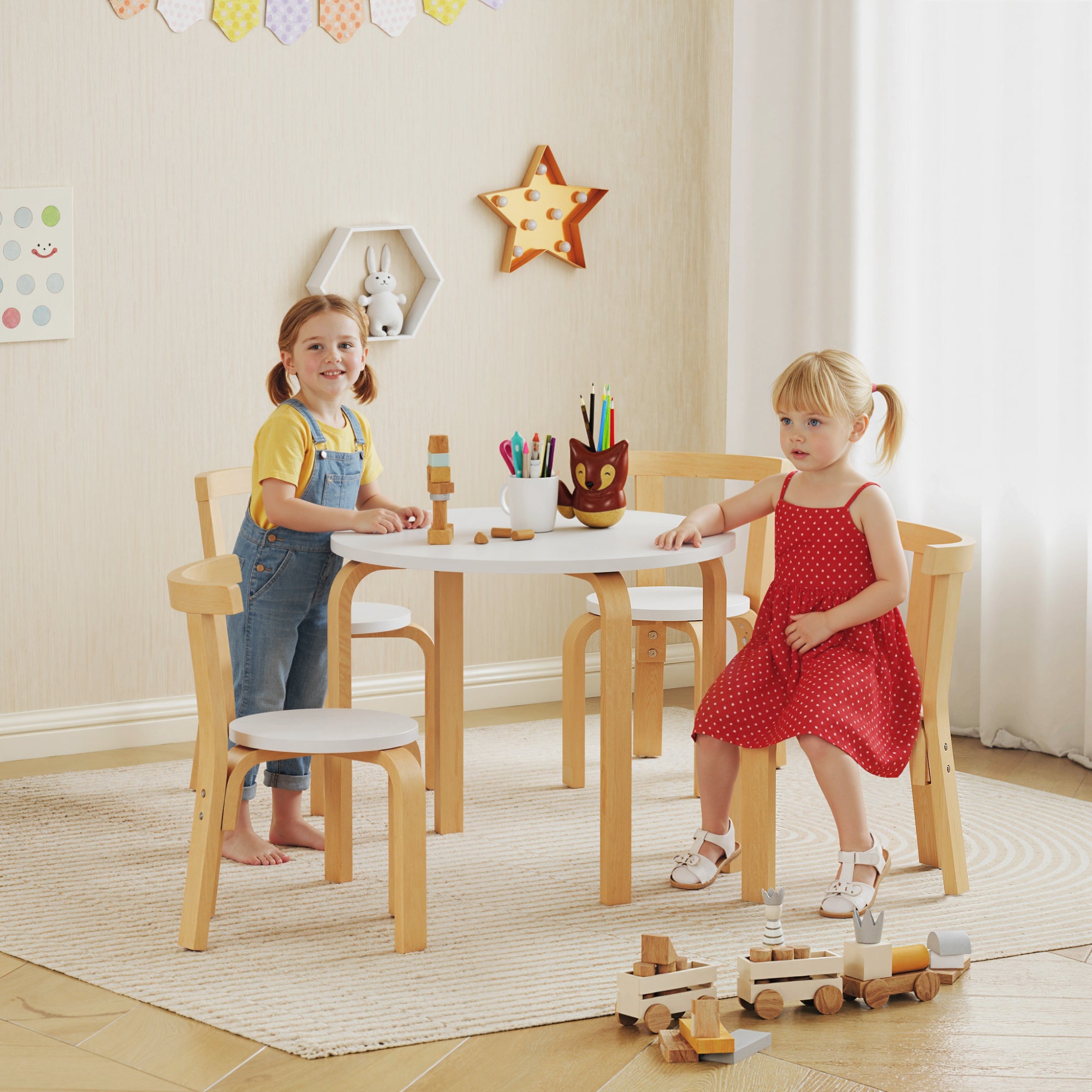 5-Piece Wooden Table and Chair Set for Children Ages 3-8 with Rounded Edges in White