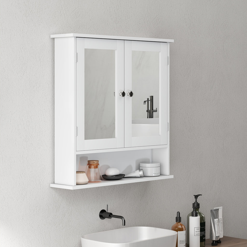kleankin Wall-Mounted Bathroom Cabinet with 2 Mirrored Doors and Open Shelf, 56x13x58 cm, White