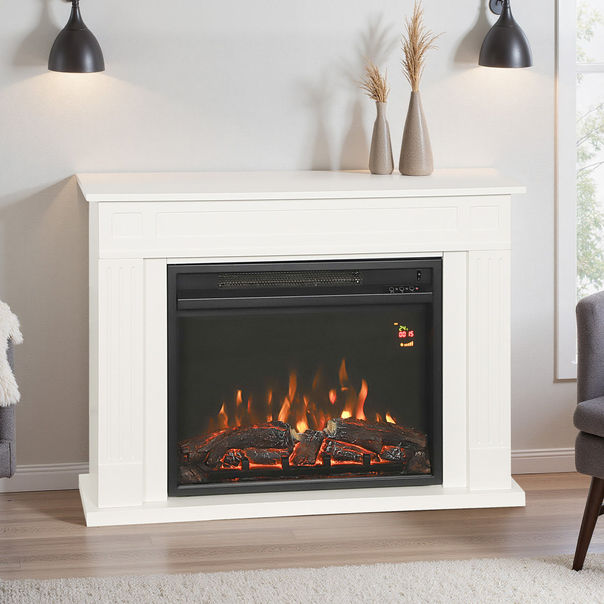 Electric Fireplace with 5 Flame Levels, Remote Control and Timer, 98x23.5x69.5 cm, Black and White
