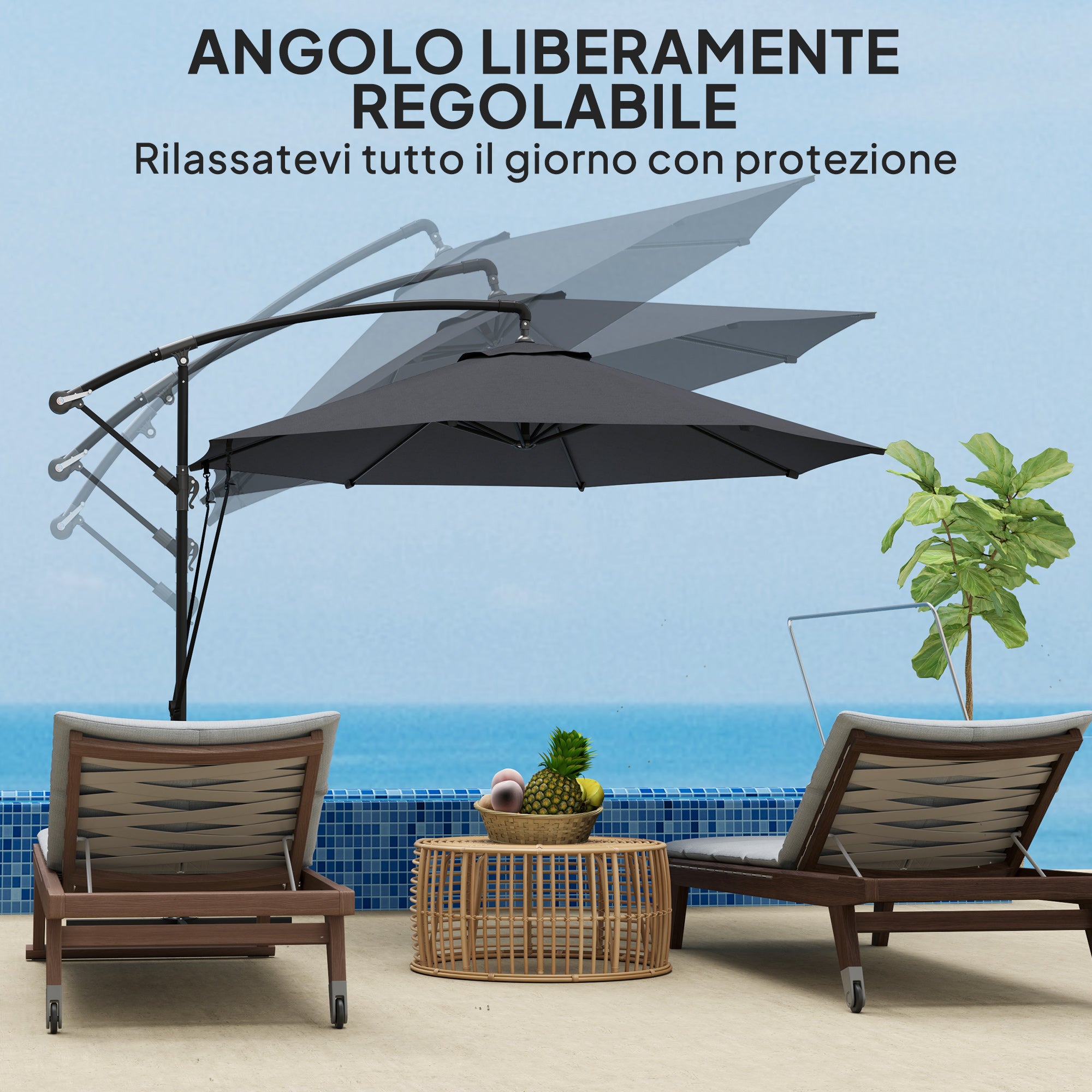 Round Tiltable and Swivel Garden Umbrella, Crank and UPF 50+ Protection, Ø3 m, Dark Gray