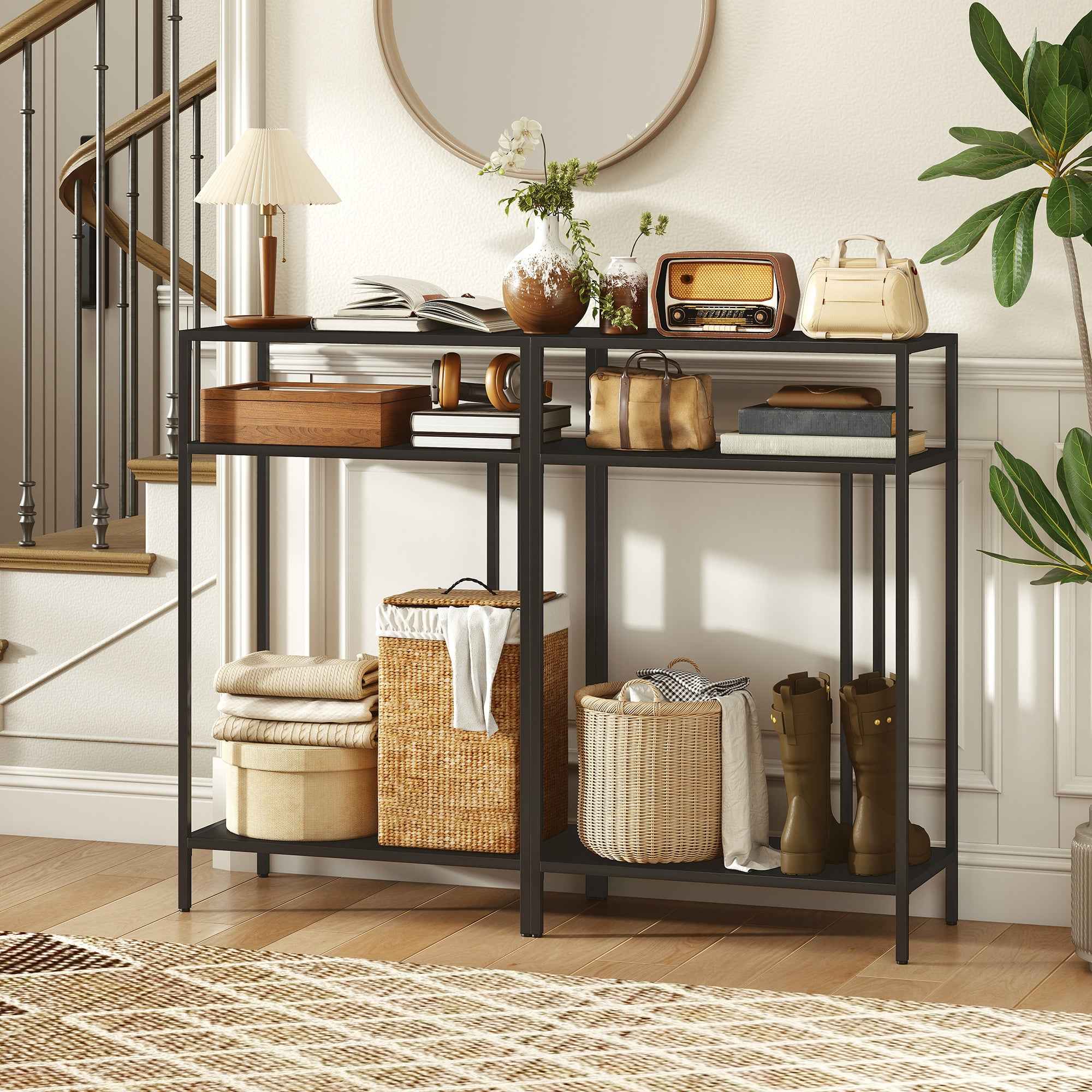 HOMCOM Console Table with 3-Tier Open Shelves, Steel, 55x30x85 cm, Black