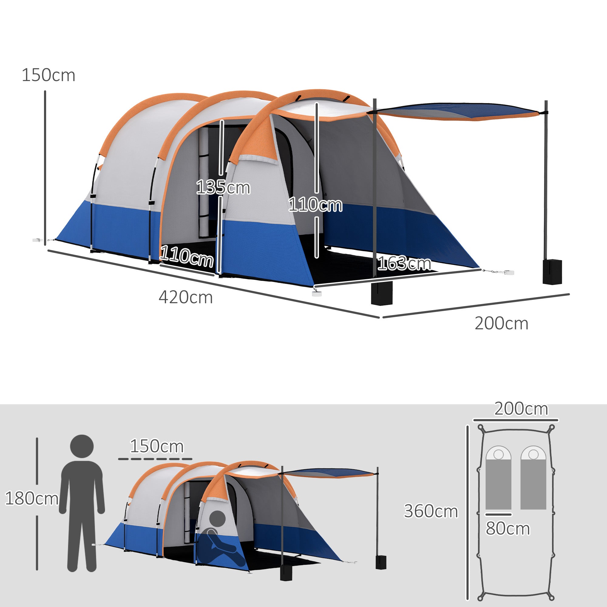 Waterproof Camping Tent with 2 Areas and 3 Entrances, Polyester and Fiberglass, 420x200x150 cm, Orange