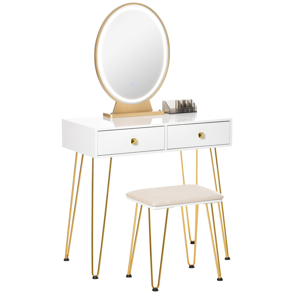 Industrial-Style LED-Lighted Dressing Table with Mirror, Makeup Table with Stool, Touch Switch Vanity, White