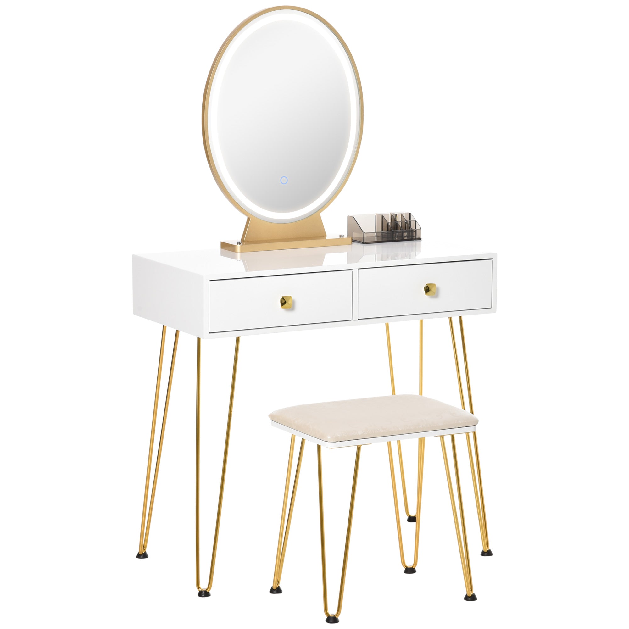 Industrial-Style LED-Lighted Dressing Table with Mirror, Makeup Table with Stool, Touch Switch Vanity, White