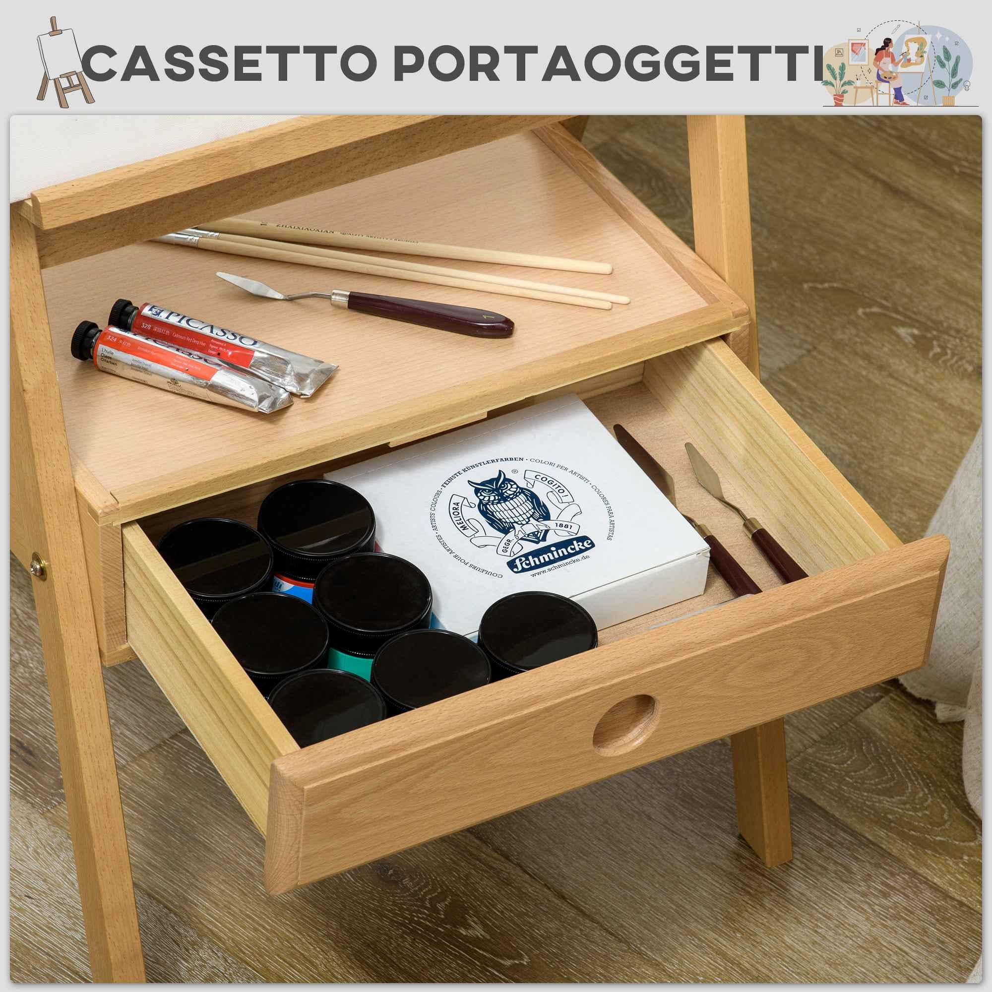 Vinsetto Height-Adjustable Painter's Easel with Drawer, Beech Wood, 43.5x43x150-190 cm